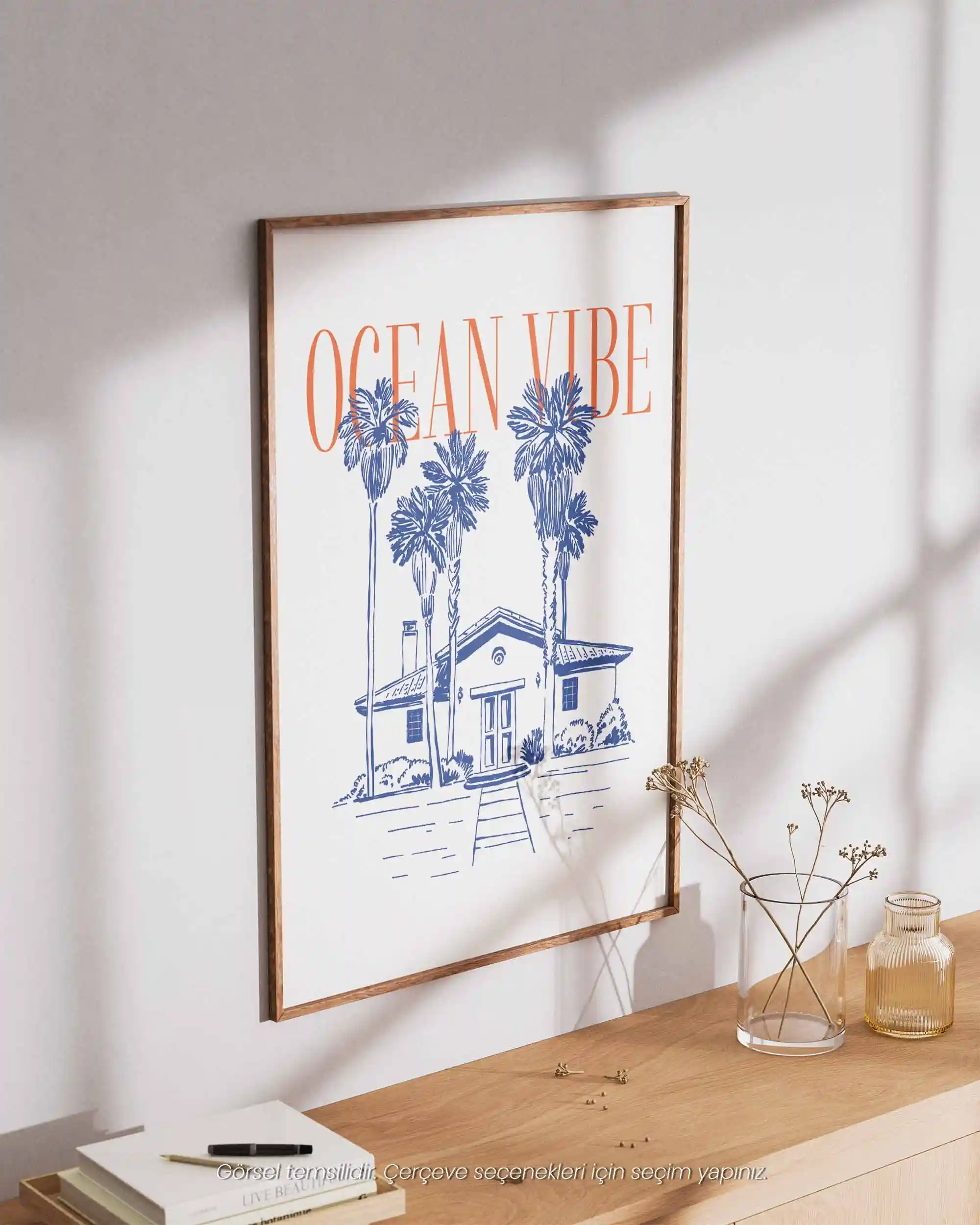 Ocean Vibe - Tipografik Palmiyeli Sahil Minimal Manzara Poster