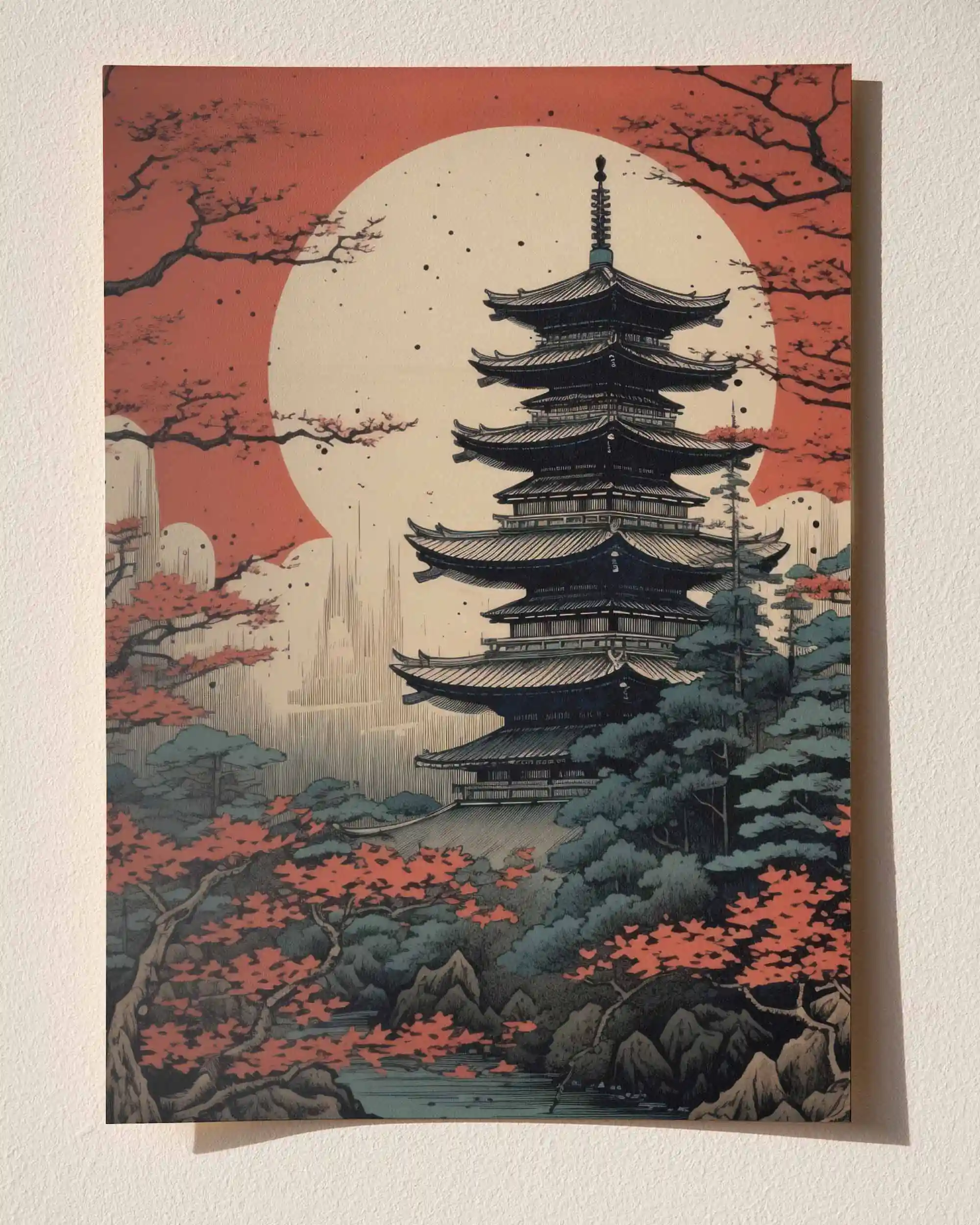 Kızıl Güneş Pagoda - Neo-Ukiyo-e Japon Manzara Poster