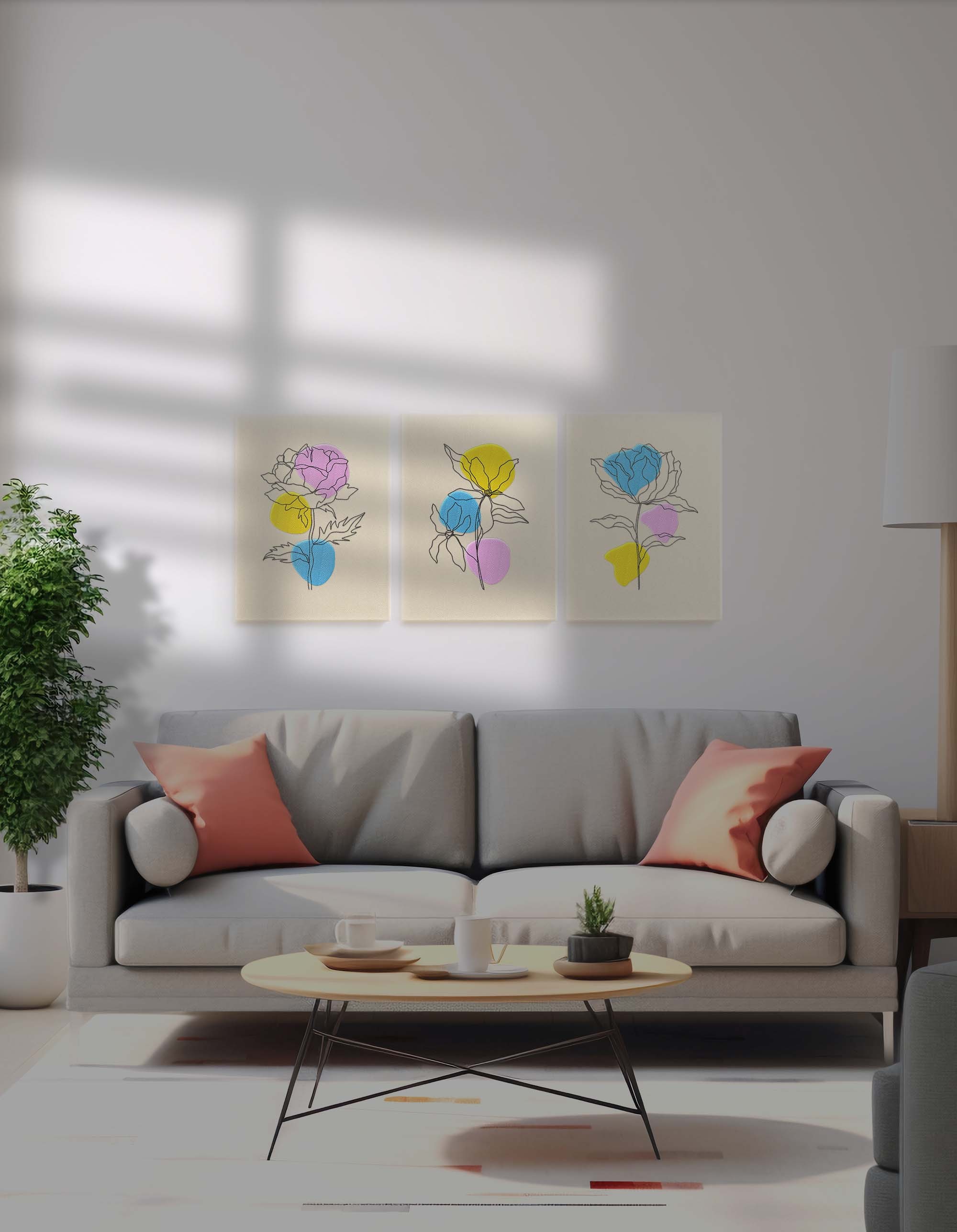Pastel Çiçek Hikayesi Seti - 3’lü Nakışlı Line Art Kanvas Tablo 30x40 cm
