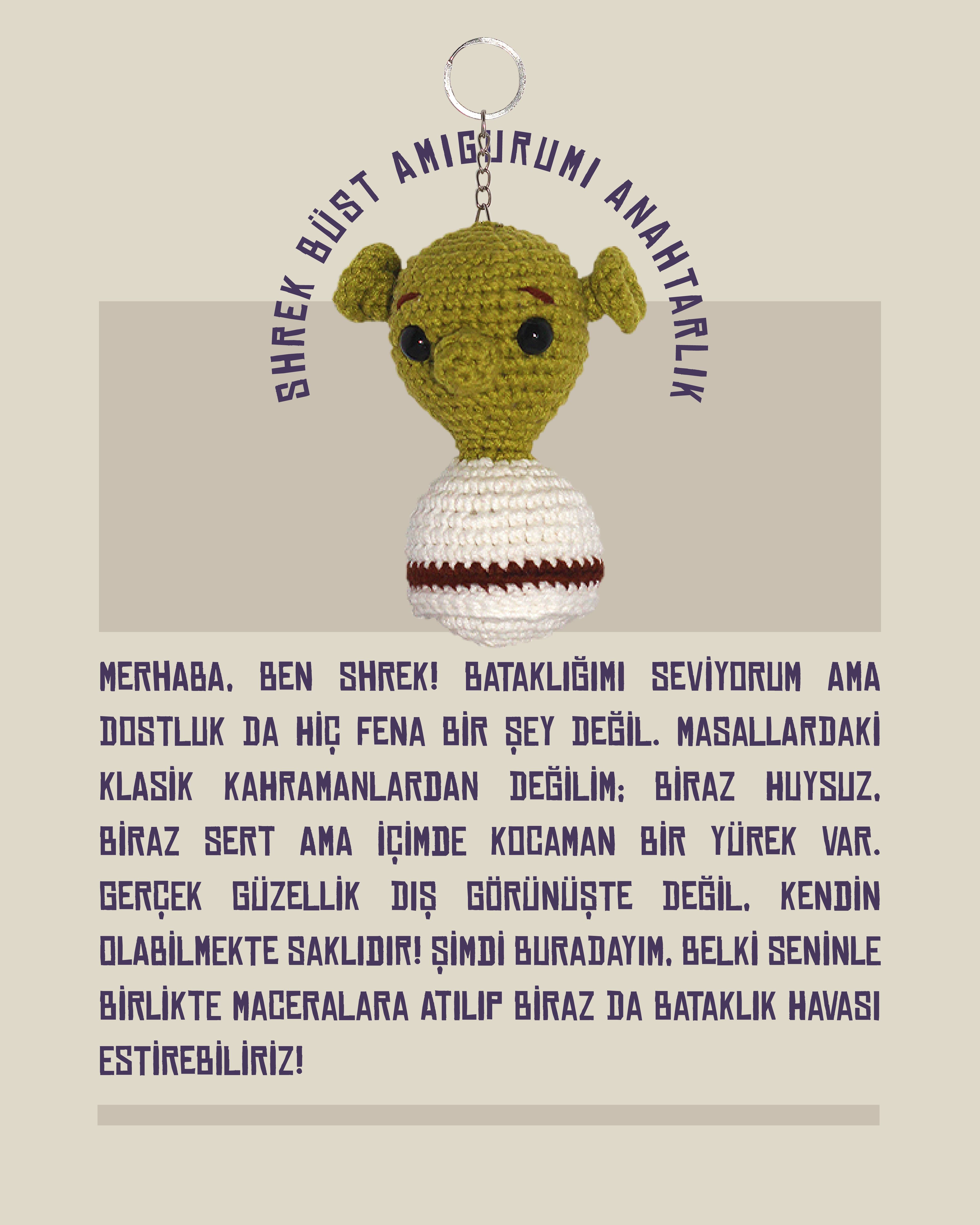 Shrek Amigurumi Büst Anahtarlık 9 cm - El Yapımı Sanatsal Örgü Çanta Aksesuarı