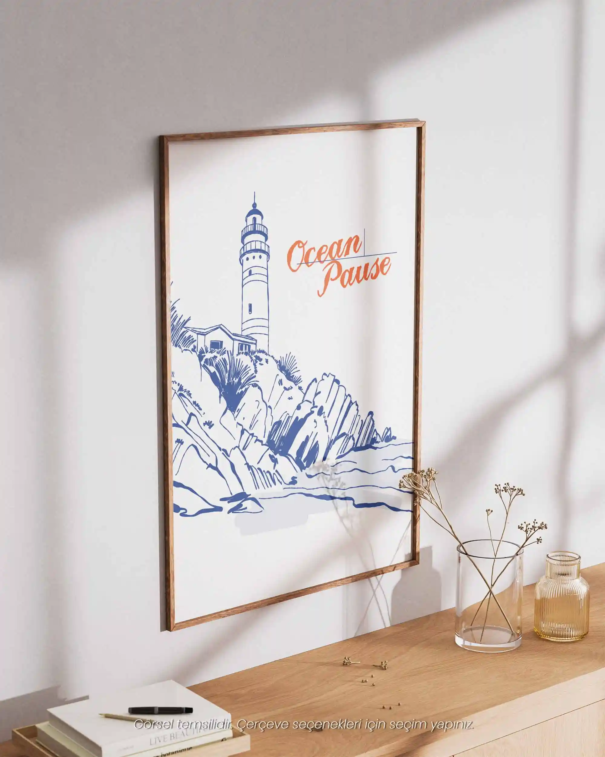 Ocean Pause - Deniz Feneri Tipografik Sahil Manzara Poster