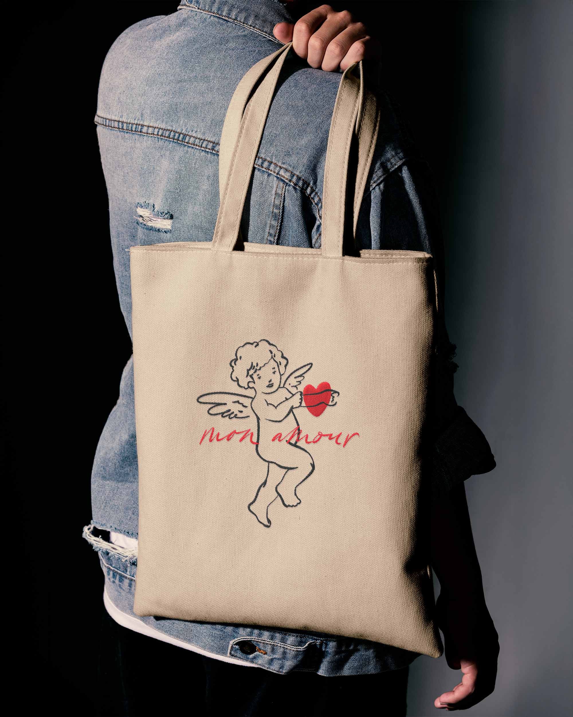 Mon Amour - Mitolojik Cupid Nakışlı Krem Bez Çanta 35x40 cm – Kalın Kanvas Kumaş