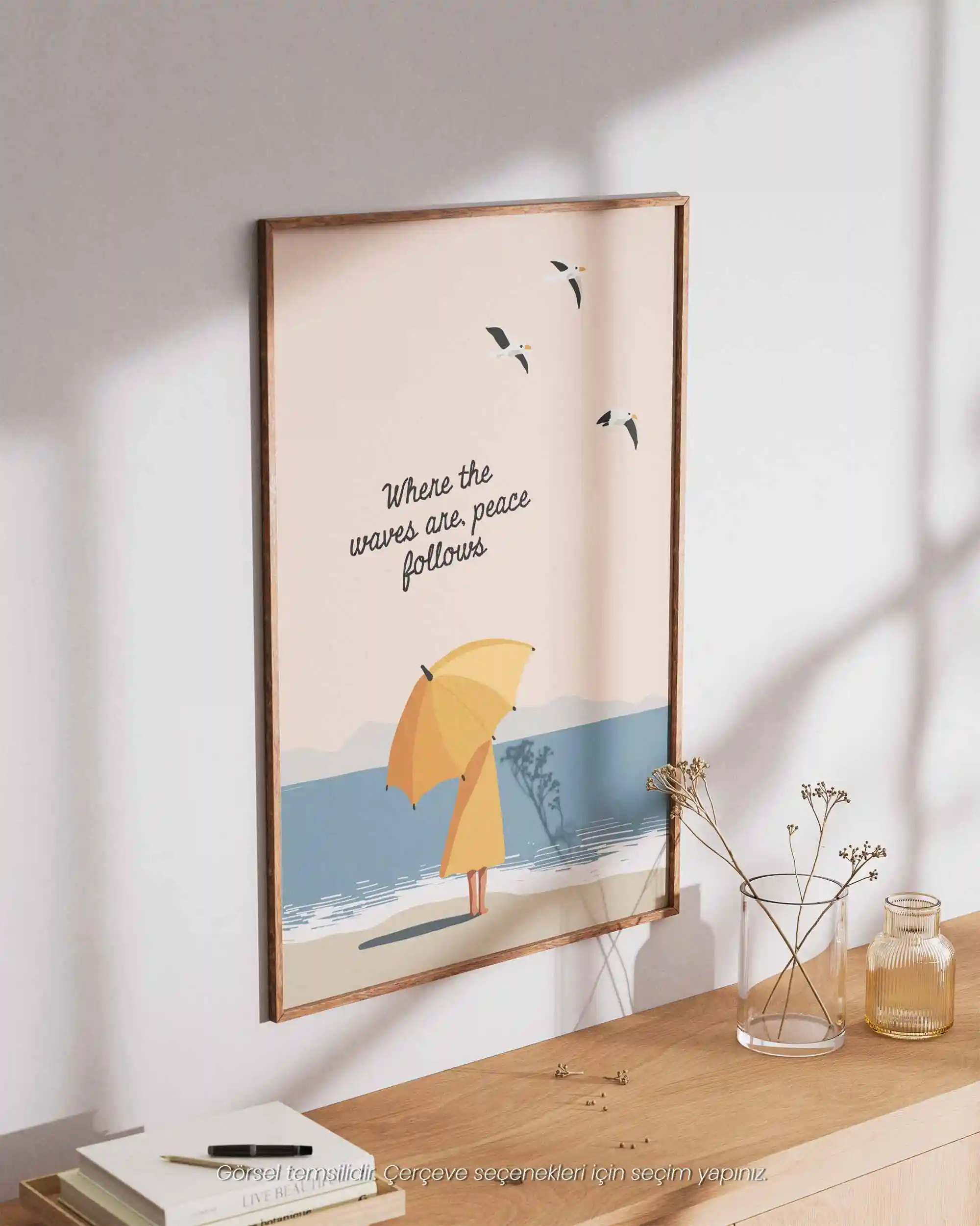 Huzur Dalgaları - Tipografik Sahil İllüstrasyon Deniz Manzara Poster