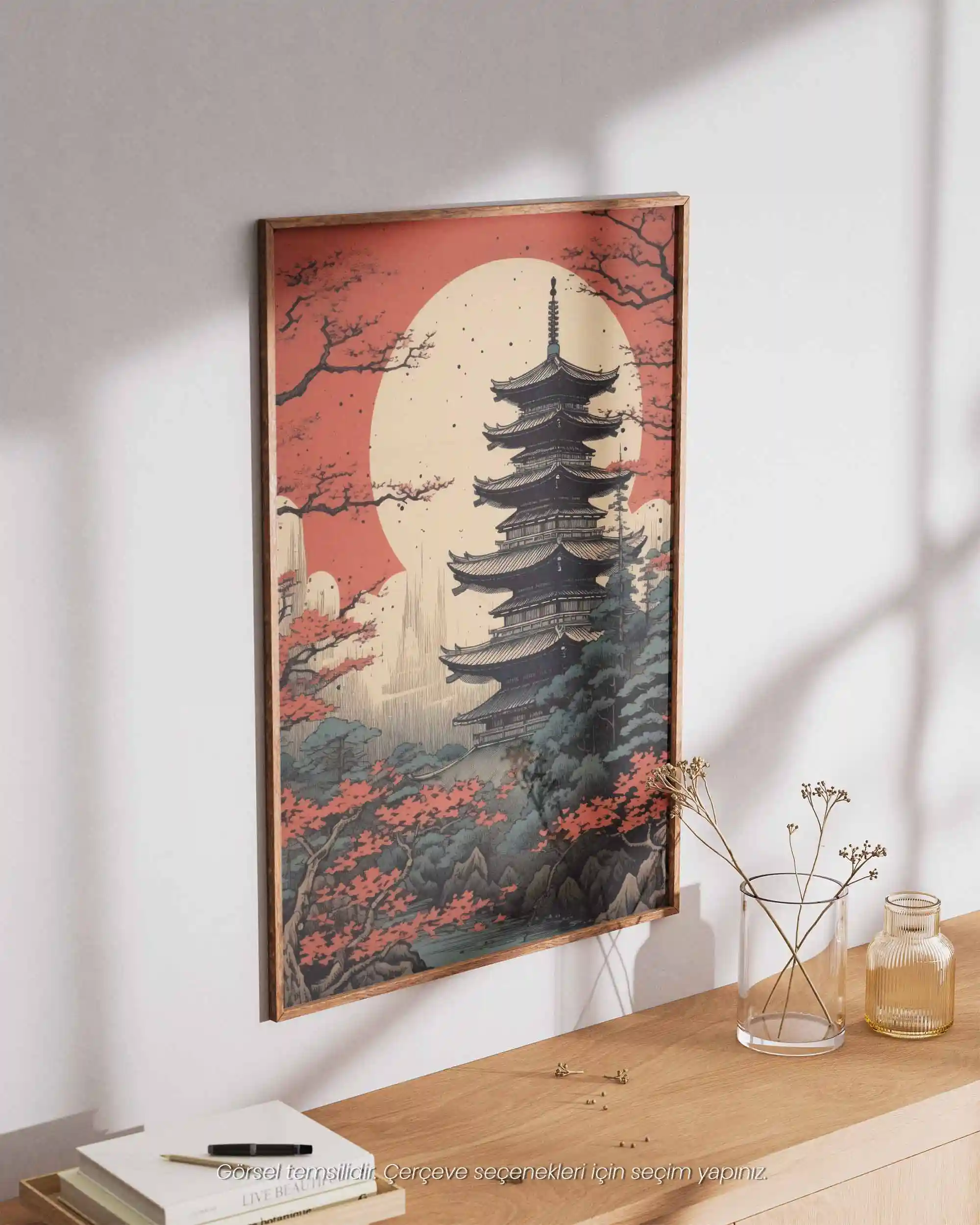 Kızıl Güneş Pagoda - Neo-Ukiyo-e Japon Manzara Poster