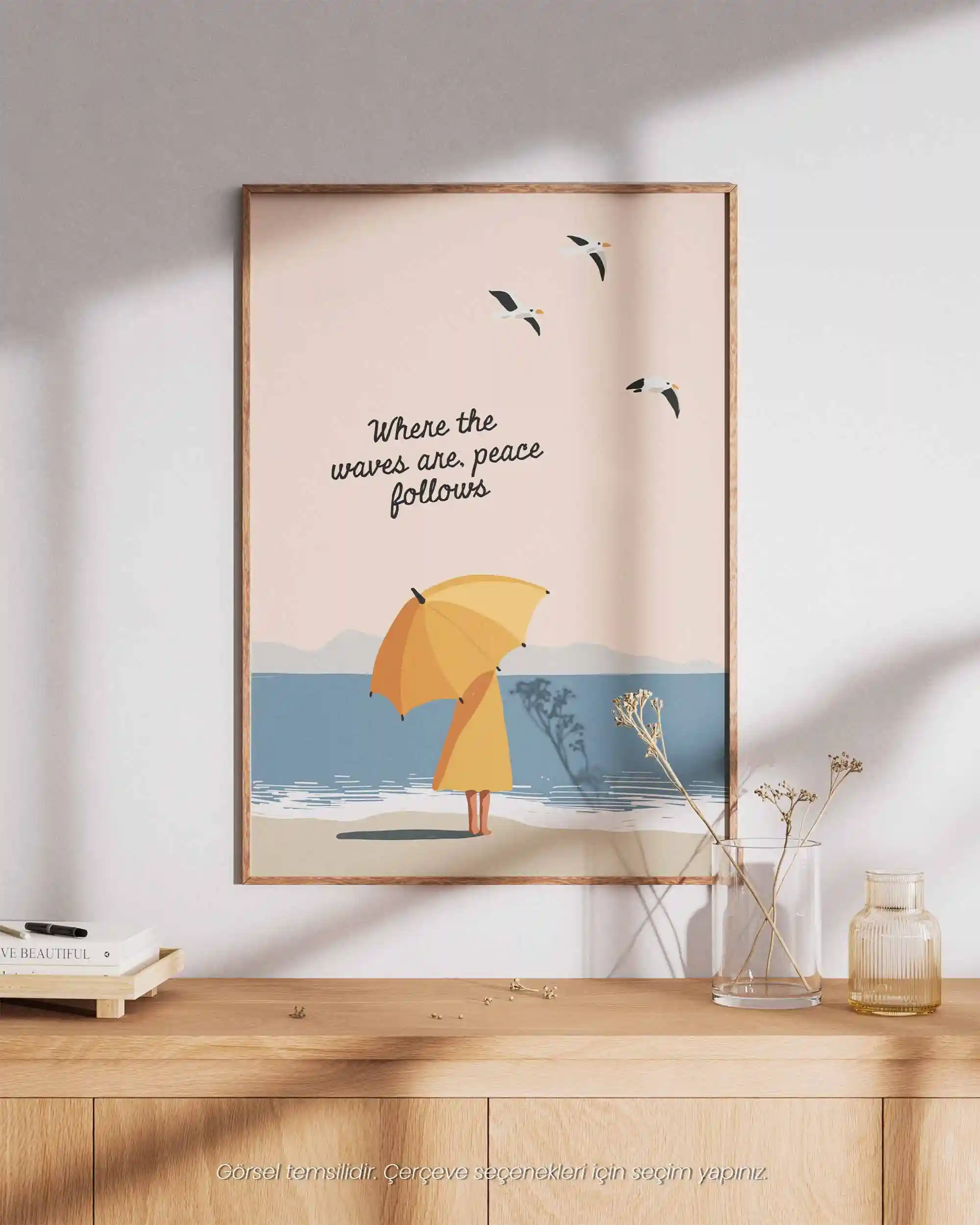 Huzur Dalgaları - Tipografik Sahil İllüstrasyon Deniz Manzara Poster