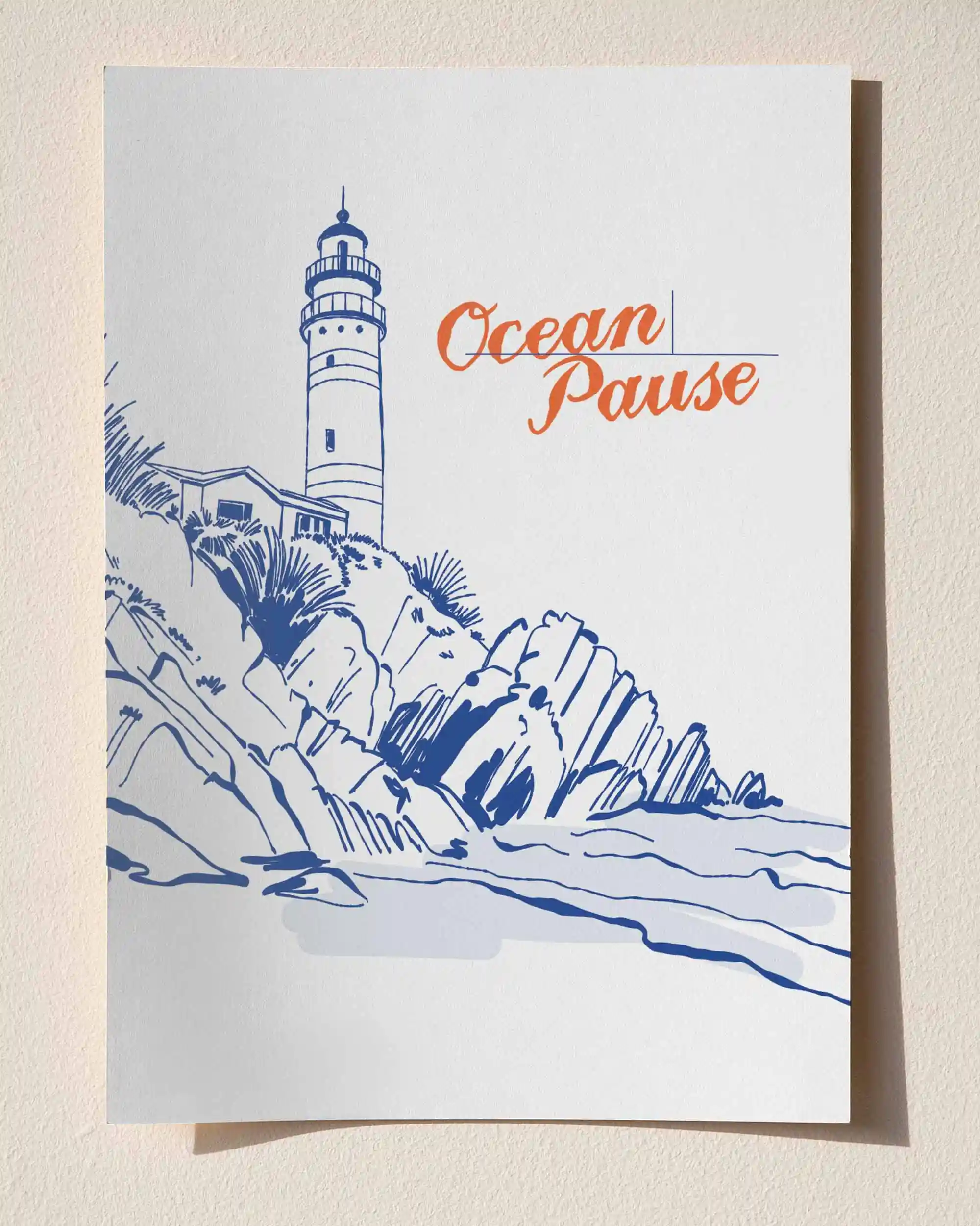 Ocean Pause - Deniz Feneri Tipografik Sahil Manzara Poster