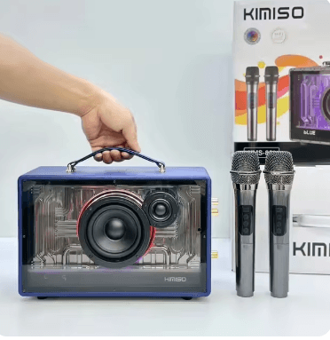 KIMISO KMS-801 Soundbox 120W tepe güç ağır bas ahşap Bluetooth hoparlör kablosuz taşınabilir Karaoke hoparlörü 2 mikrofon ile