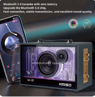 KIMISO KMS-801 Soundbox 120W tepe güç ağır bas ahşap Bluetooth hoparlör kablosuz taşınabilir Karaoke hoparlörü 2 mikrofon ile