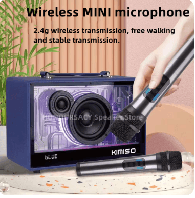 KIMISO KMS-801 Soundbox 120W tepe güç ağır bas ahşap Bluetooth hoparlör kablosuz taşınabilir Karaoke hoparlörü 2 mikrofon ile