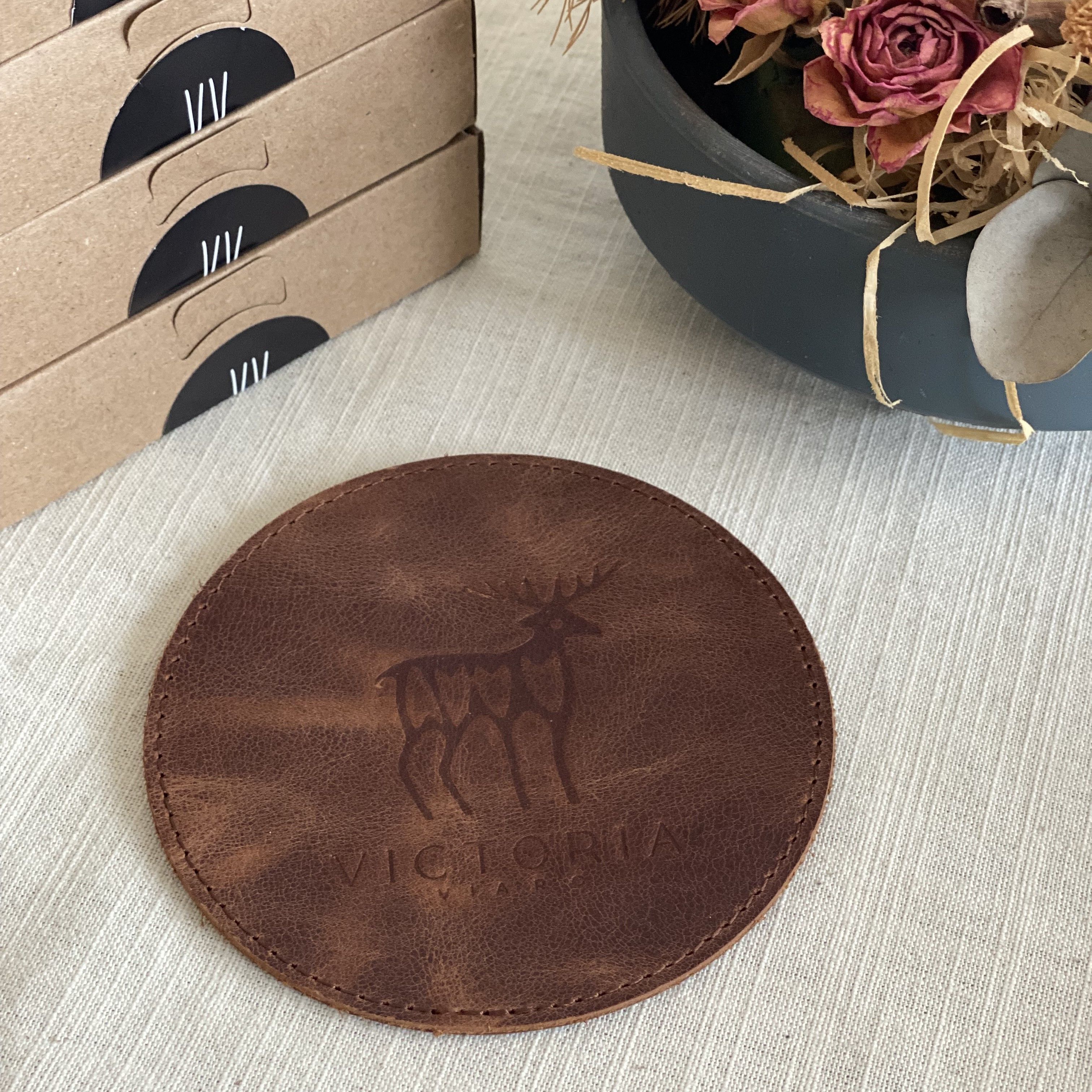 Christmas deer 100% leather coaster- 2 pcs - tan