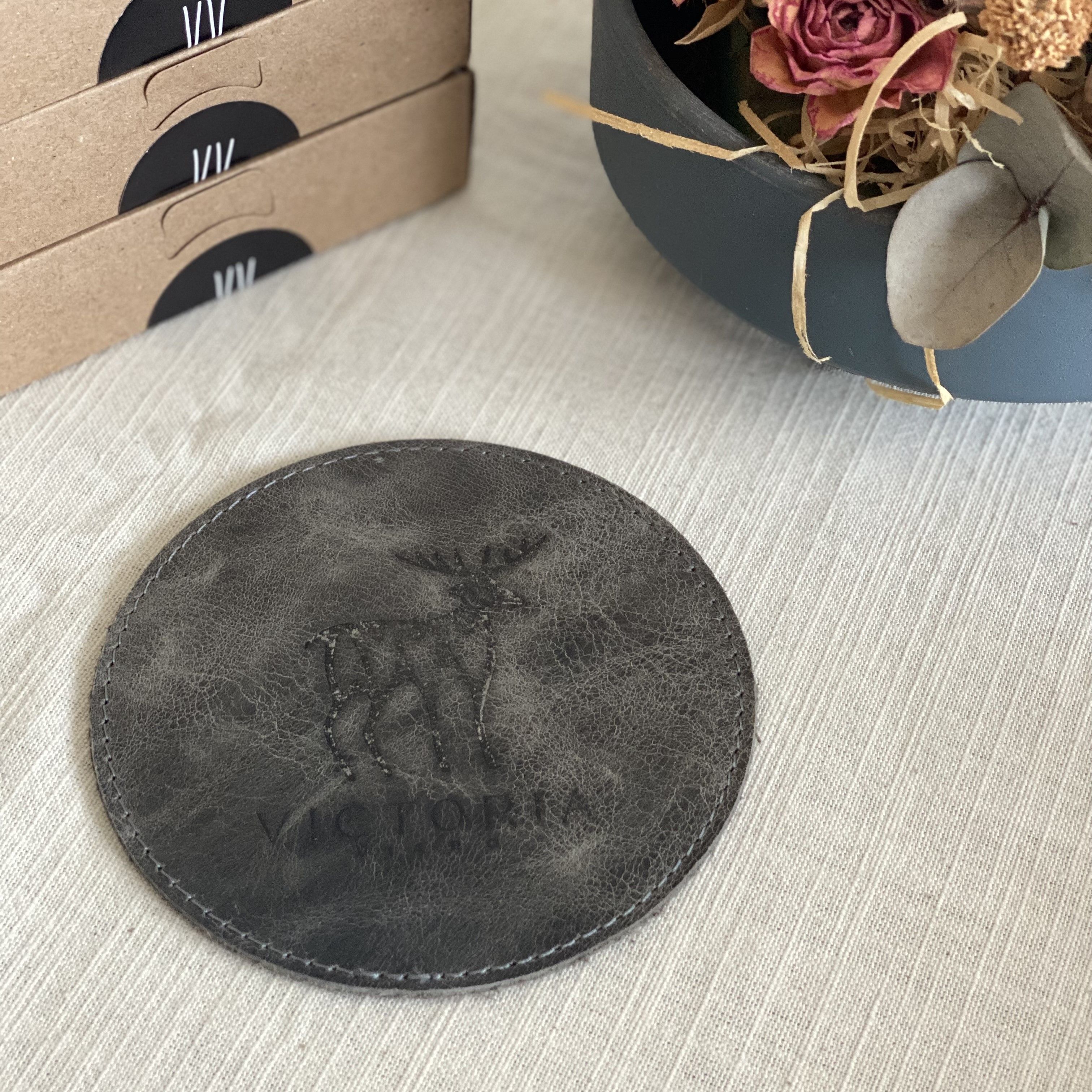 Christmas deer 100%leather coaster -  2 pcs- grey