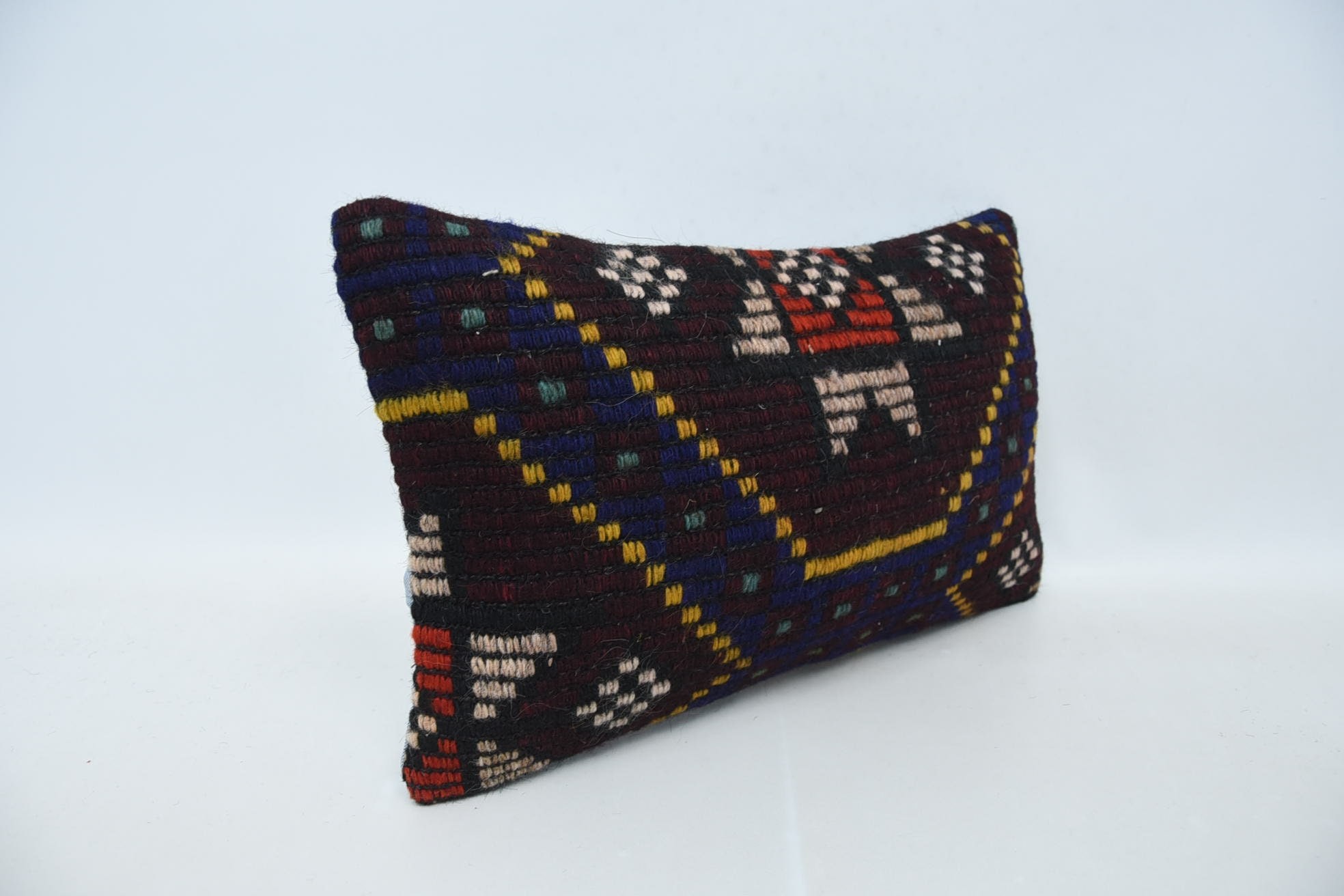 Vintage Kilim Pillow, 12"x20" Brown Pillow, Antique Pillows, Handmade Kilim Cushion, Hippie Throw Cushion Case, Nomadic Pillow Sham