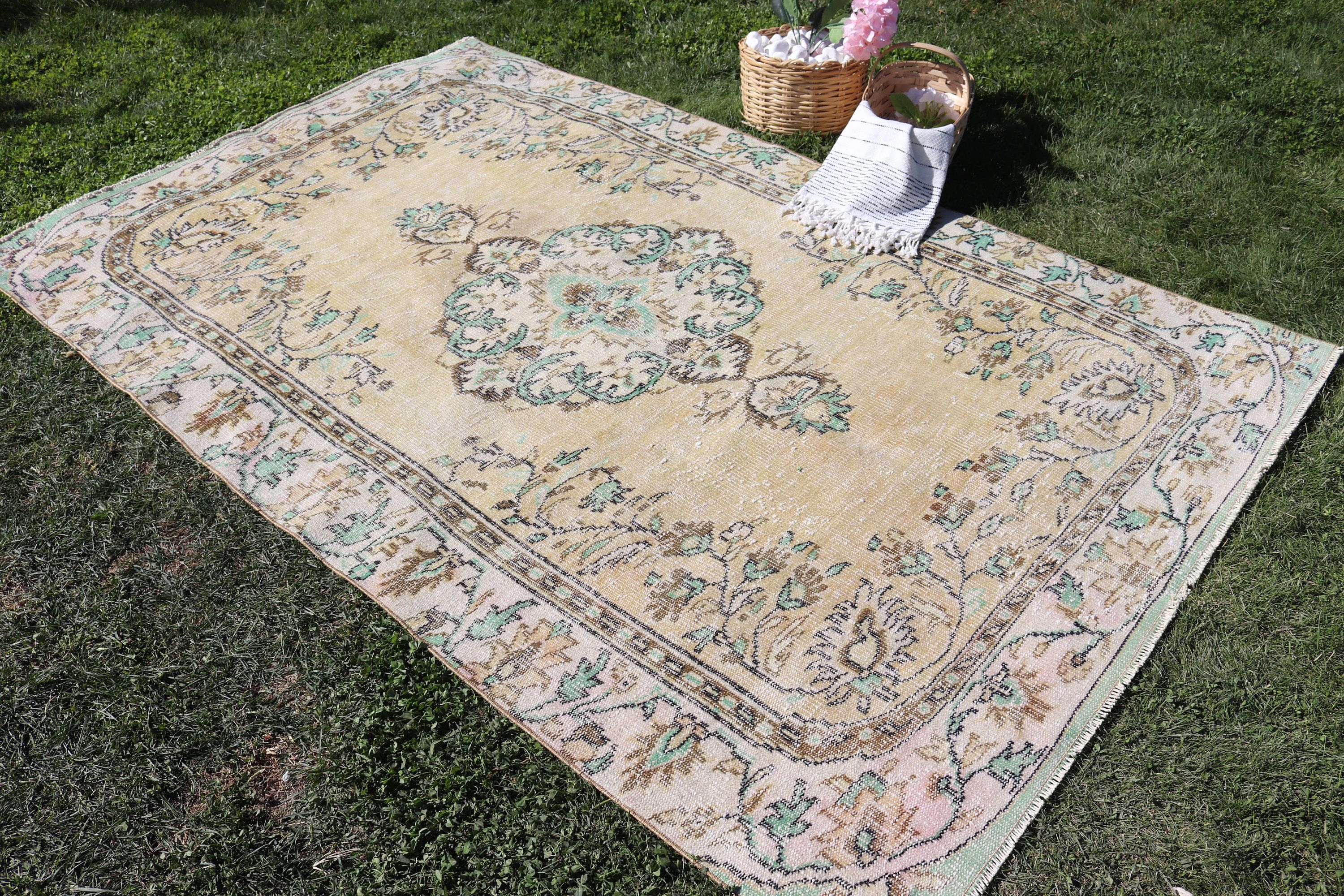 Büyük Oushak Halıları, Vintage Halılar, Sarı Antika Halılar, Yatak Odası Halısı, 5.3x8.4 ft Büyük Halılar, Türk Halıları, Büyük Vintage Halı