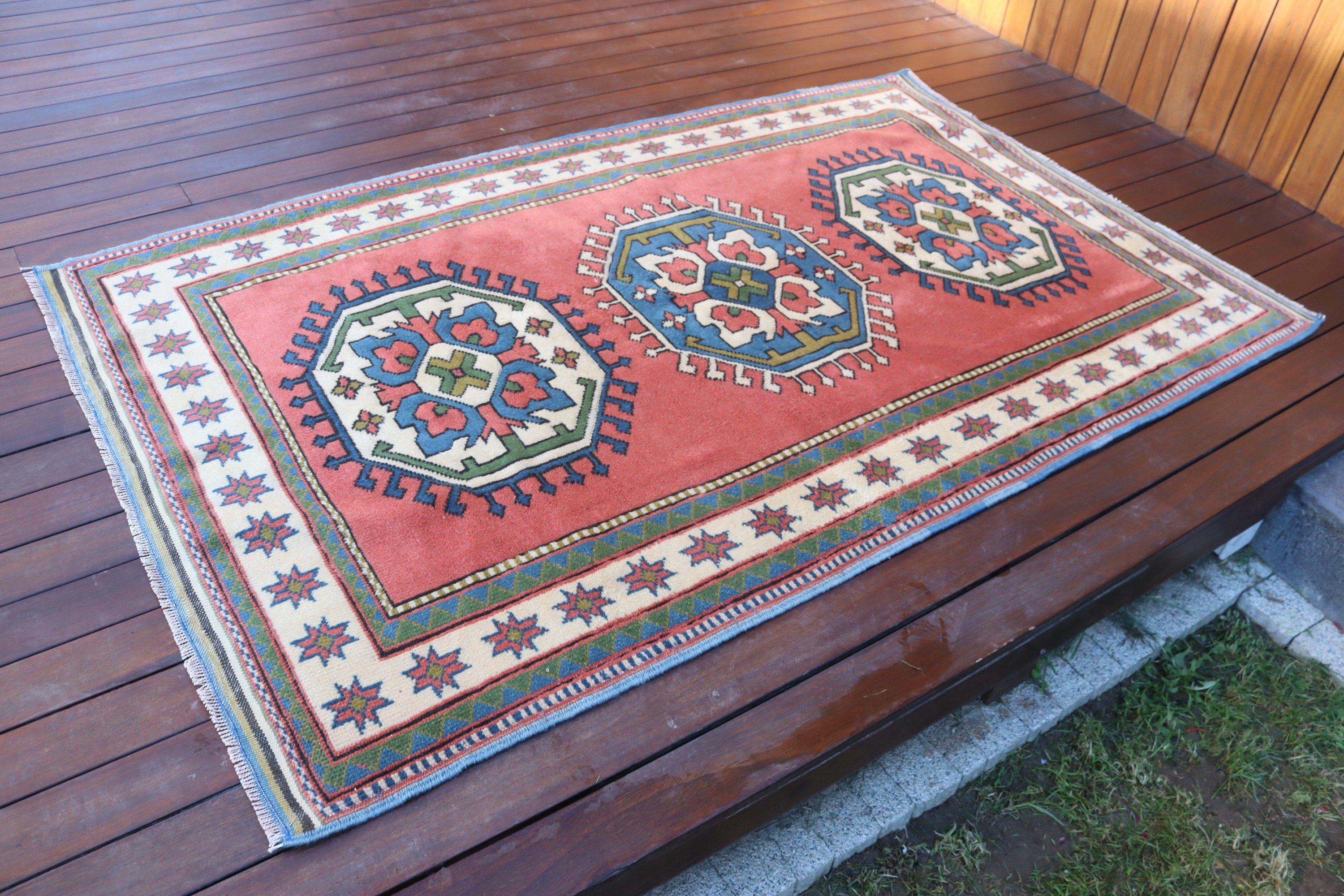 Vintage Halı, Mutfak Halıları, Oushak Bölge Halısı, Oturma Odası Halısı, 4x6,4 ft Alan Halısı, Nötr Halılar, Yün Halı, Türk Halıları, Pembe Yatak Odası Halısı