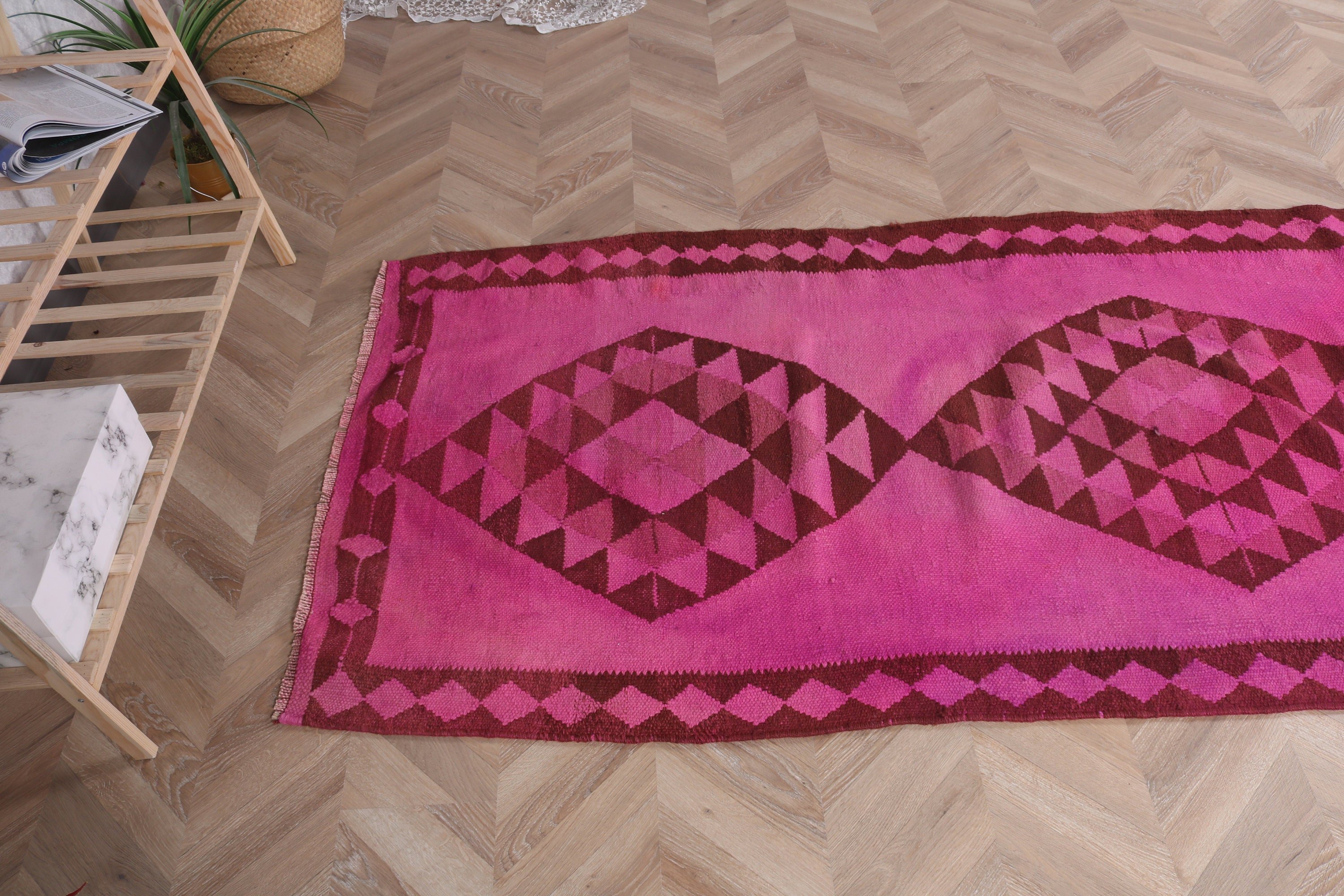 Vintage Halı, Koridor Halıları, Oushak Halısı, Ev Dekorasyonu Halısı, Pembe Oryantal Halısı, Türk Halıları, Vintage Runner Halıları, 3,5x11,1 ft Runner Halısı