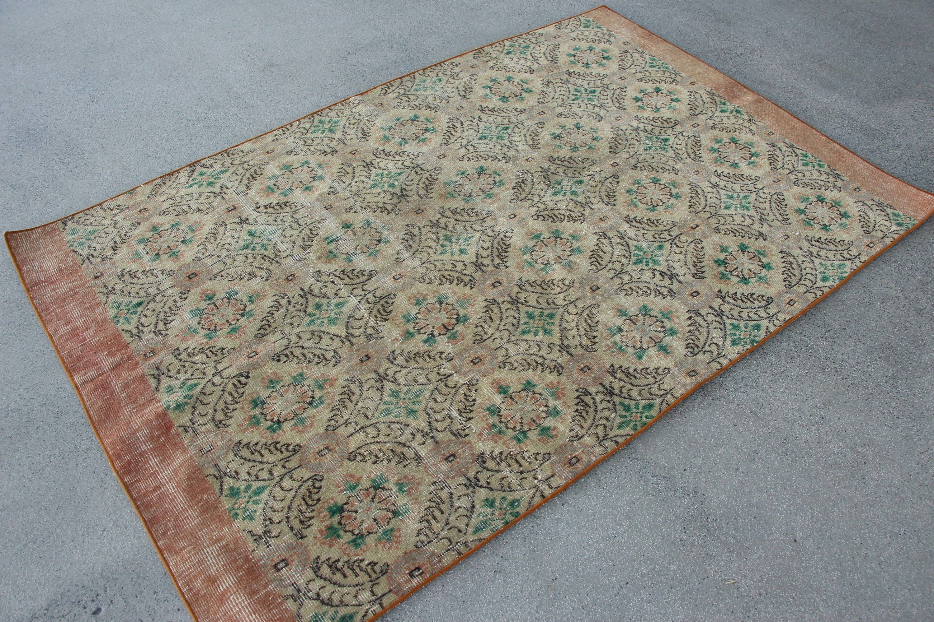 Türk Halıları, 4.3x6.6 ft Alan Halısı, Yeşil Oushak Halısı, İç Mekan Halıları, Fas Halısı, Vintage Halı, Mutfak Halıları, Türk Alan Halısı Halıları