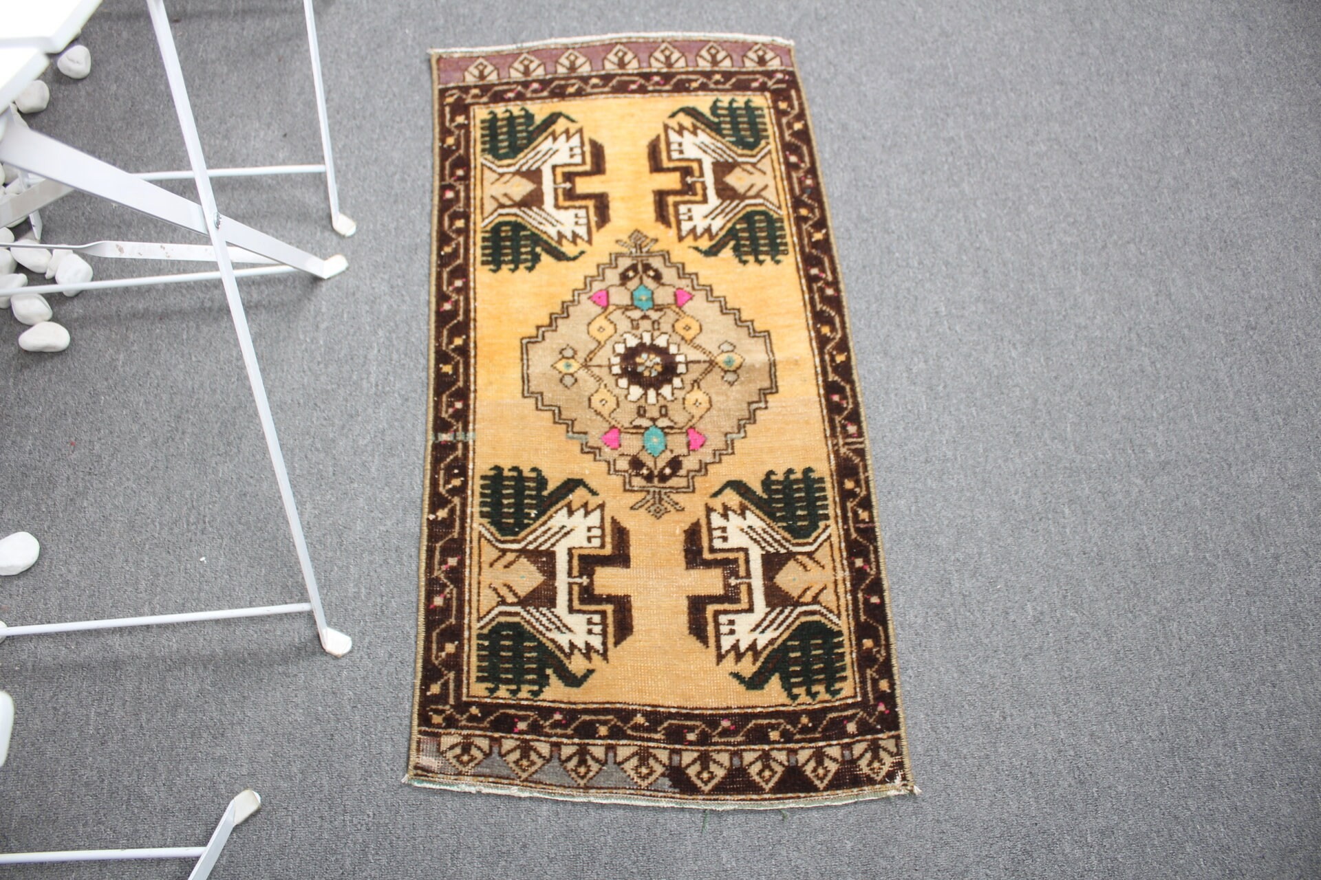 Vintage Halı, Sarı Antika Halı, Anadolu Halısı, 1.5x3.1 ft Küçük Halı, Duvara Asılı Halılar, Araba Paspas Halısı, Türk Halısı, Oushak Halısı, Özel Halı