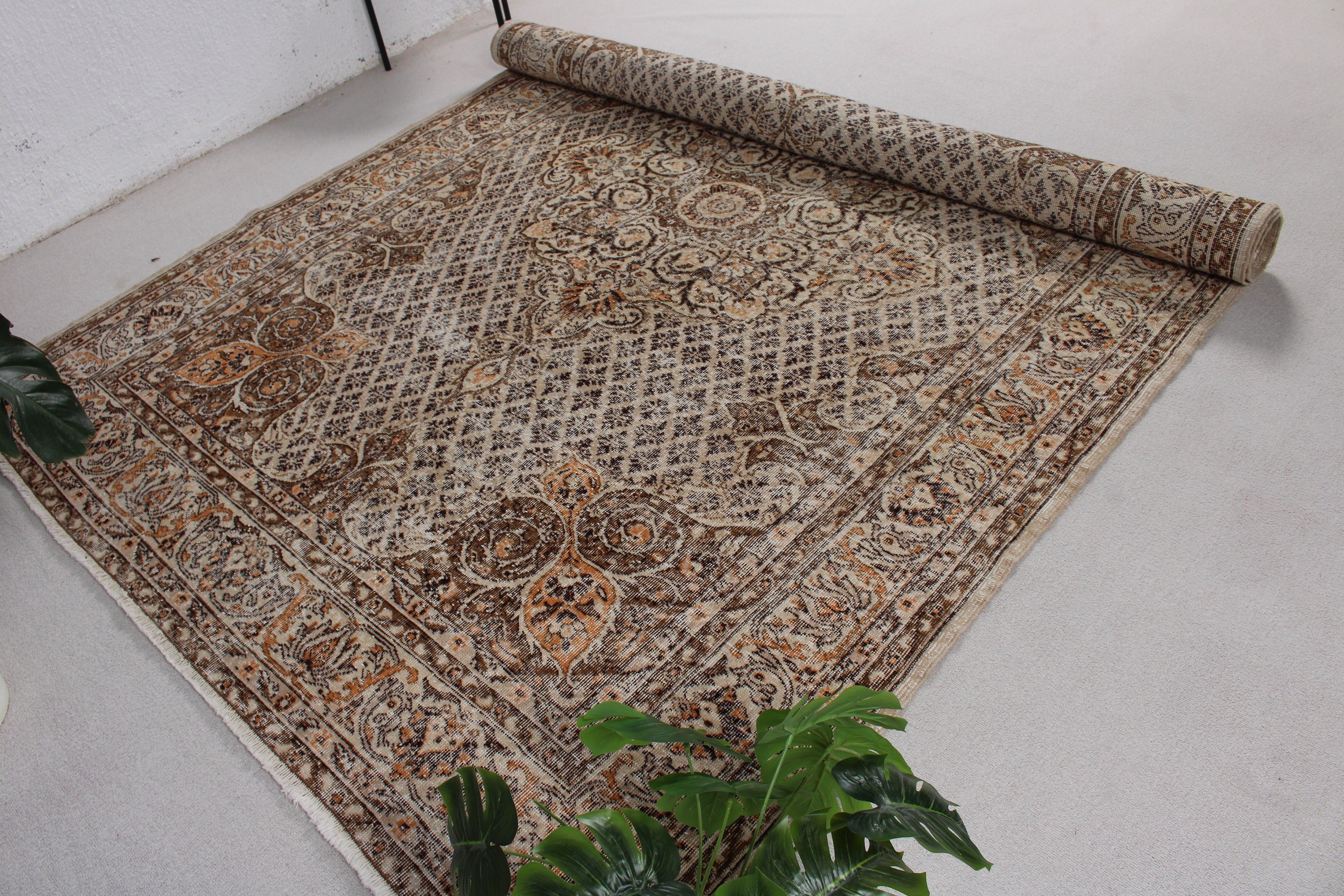 Vintage Halı, El Dokuma Halılar, 6.9x9.6 ft Büyük Halı, Bej Lüks Halı, Oryantal Halılar, Aztek Halıları, Yemek Odası Halısı, Salon Halısı, Türk Halıları