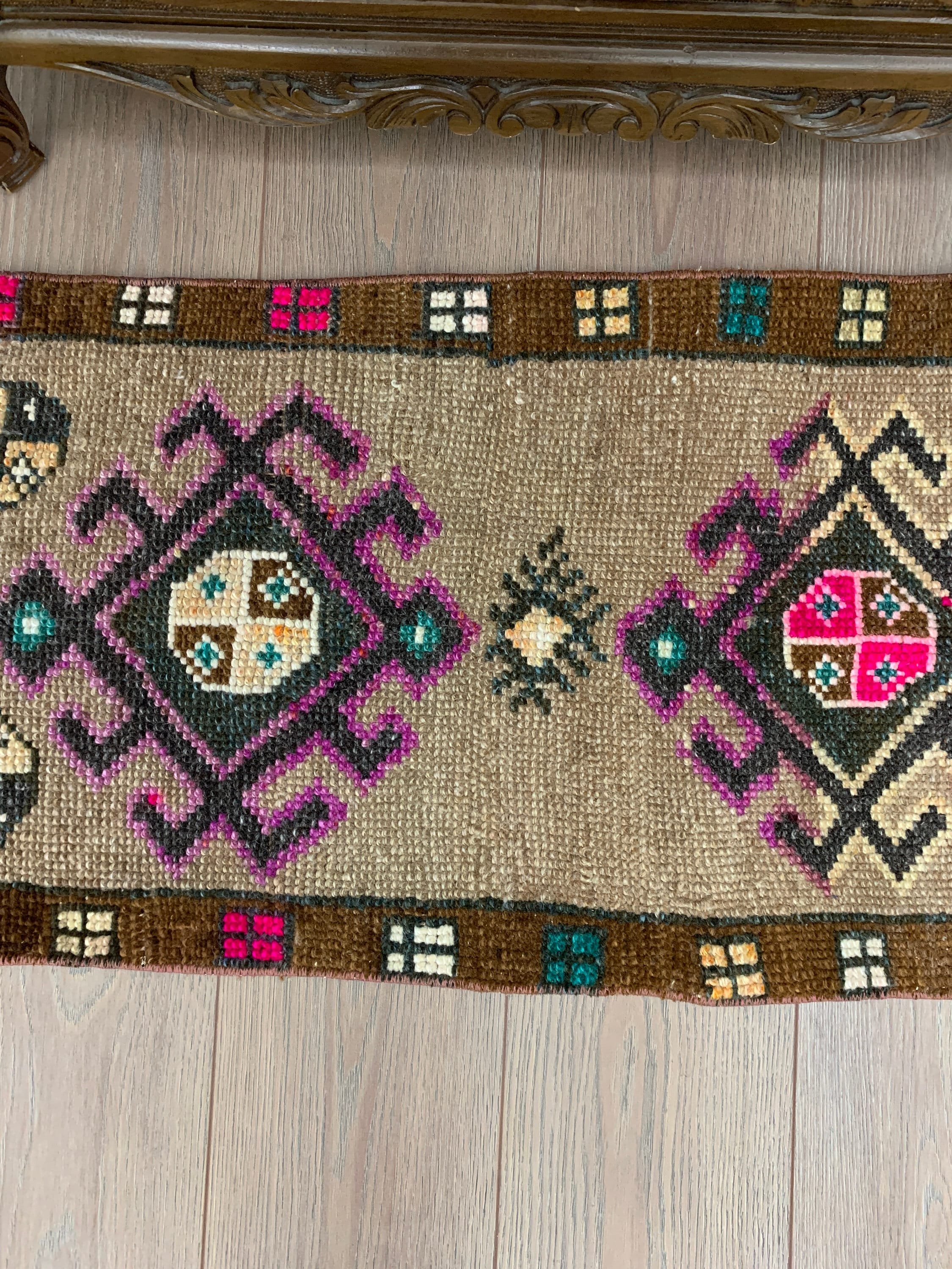 Vintage Halı, Yer Halısı, Ev Dekor Halısı, Kahverengi 1.6x3.3 ft Küçük Halılar, Düz Dokuma Halı, Kapı Paspası Halıları, Türk Halısı, Çocuk Halısı