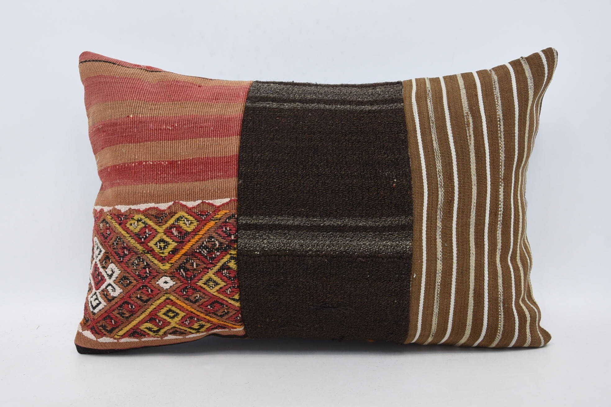 Boho Pillow, Gift Pillow, Turkish Kilim Pillow, 16"x24" Brown Pillow Case, Bolster Pillow Cover, Boho Throw Pillow Cover