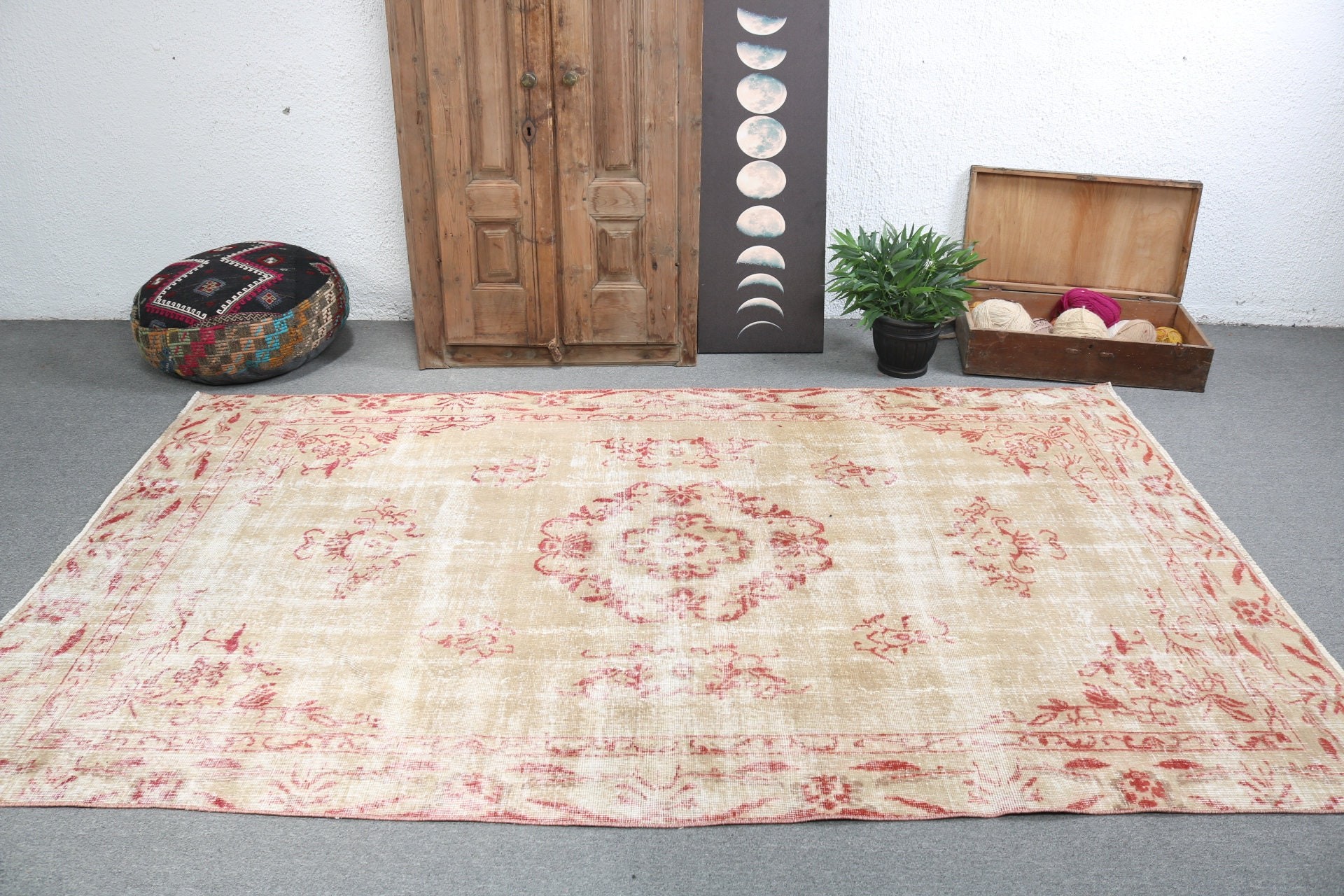 Yemek Odası Halısı, Bej Lüks Halılar, Modern Halı, El Yapımı Halılar, Oushak Halısı, Vintage Halı, Türk Halısı, 5.4x8.9 ft Büyük Halı, Oturma Odası Halısı