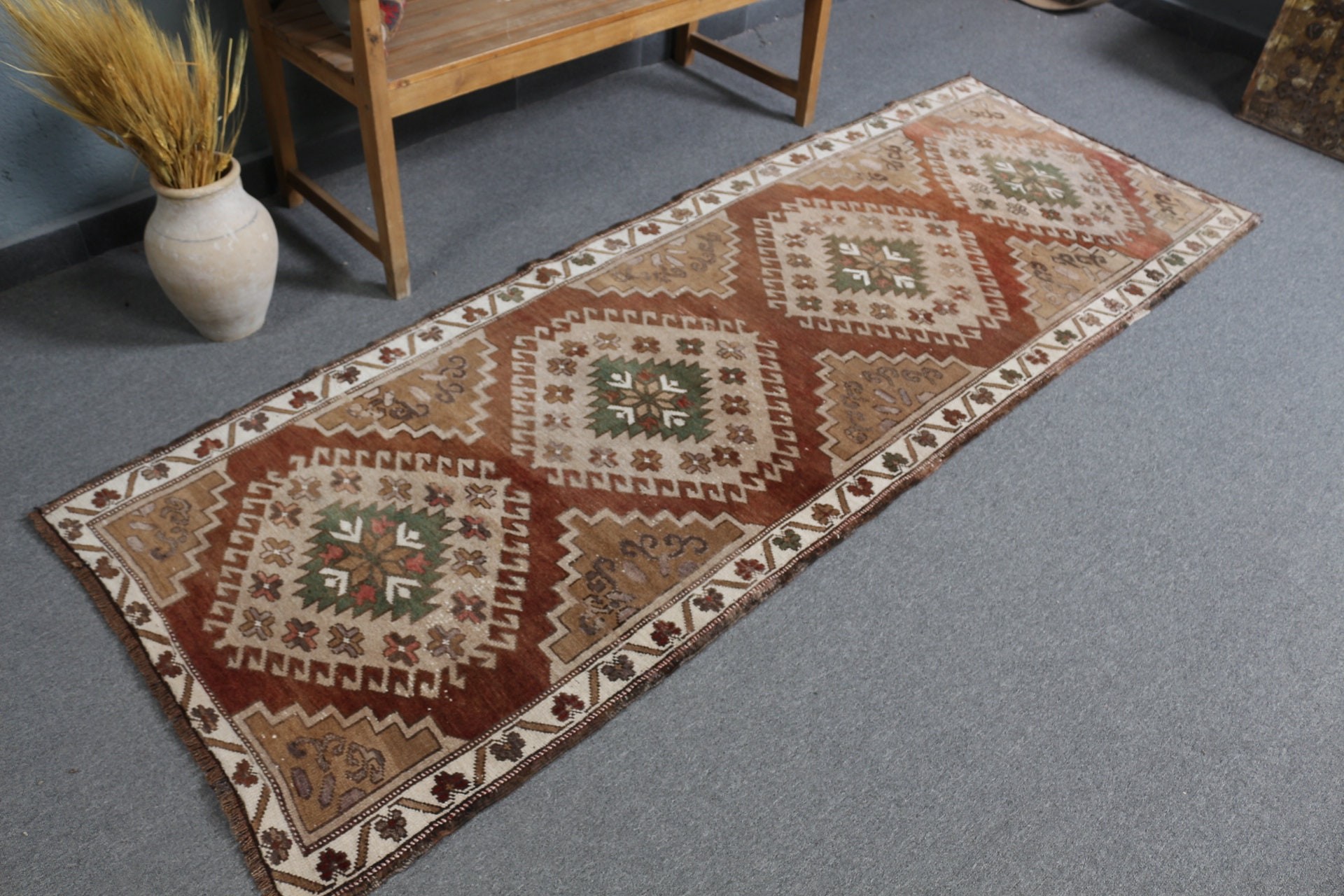 Art Rug, Turkish Rugs, Vintage Rug, Stair Rug, Kitchen Rug, 2.9x8.3 ft Runner Rugs, Rugs for Stair, Brown Wool Rugs, Wool Rug