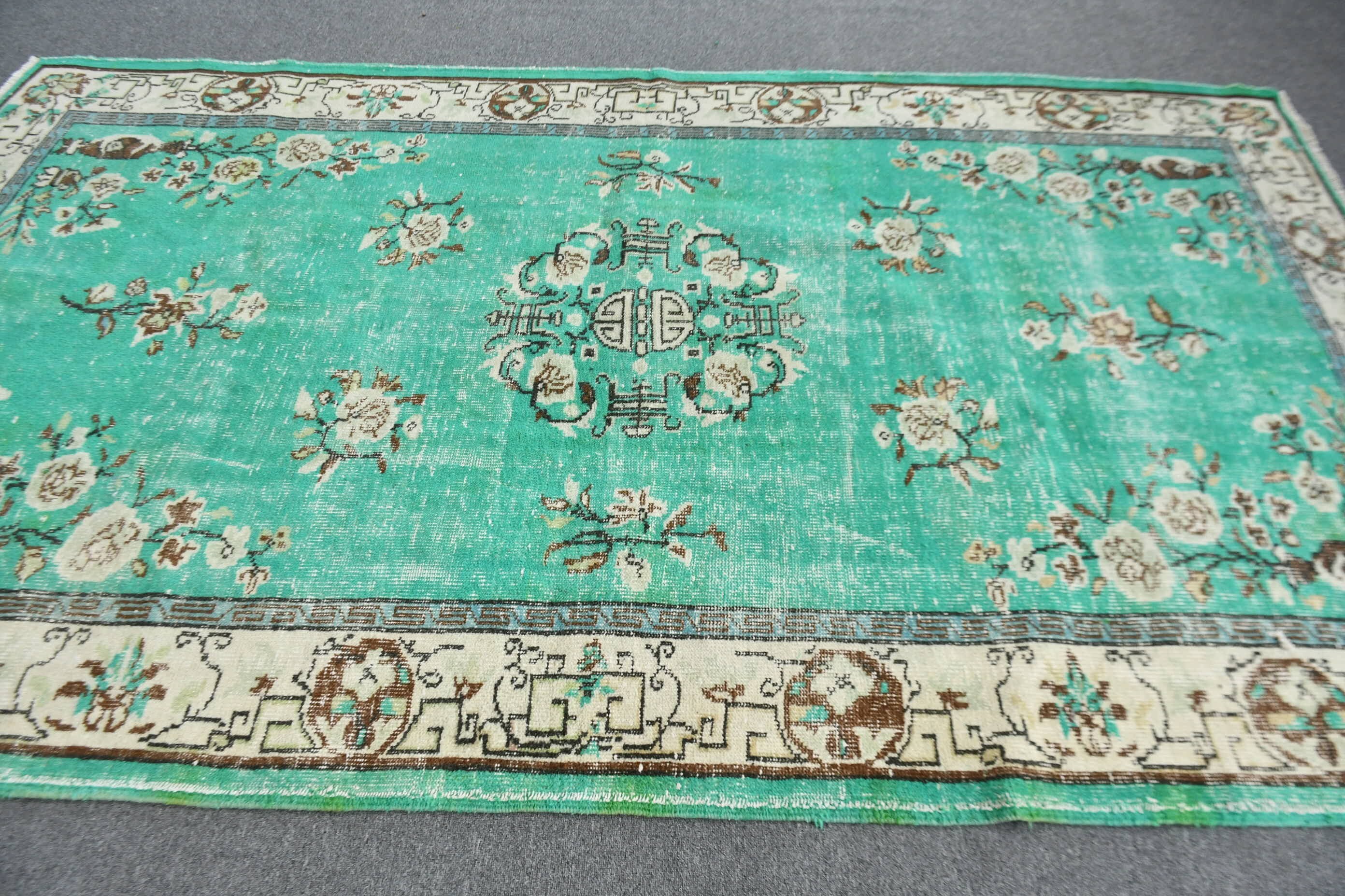 Floor Rug, Turkish Rug, Dining Room Rugs, Salon Rug, Vintage Rug, Retro Rug, Green Cool Rugs, Oriental Rugs, 5.8x9.7 ft Large Rugs