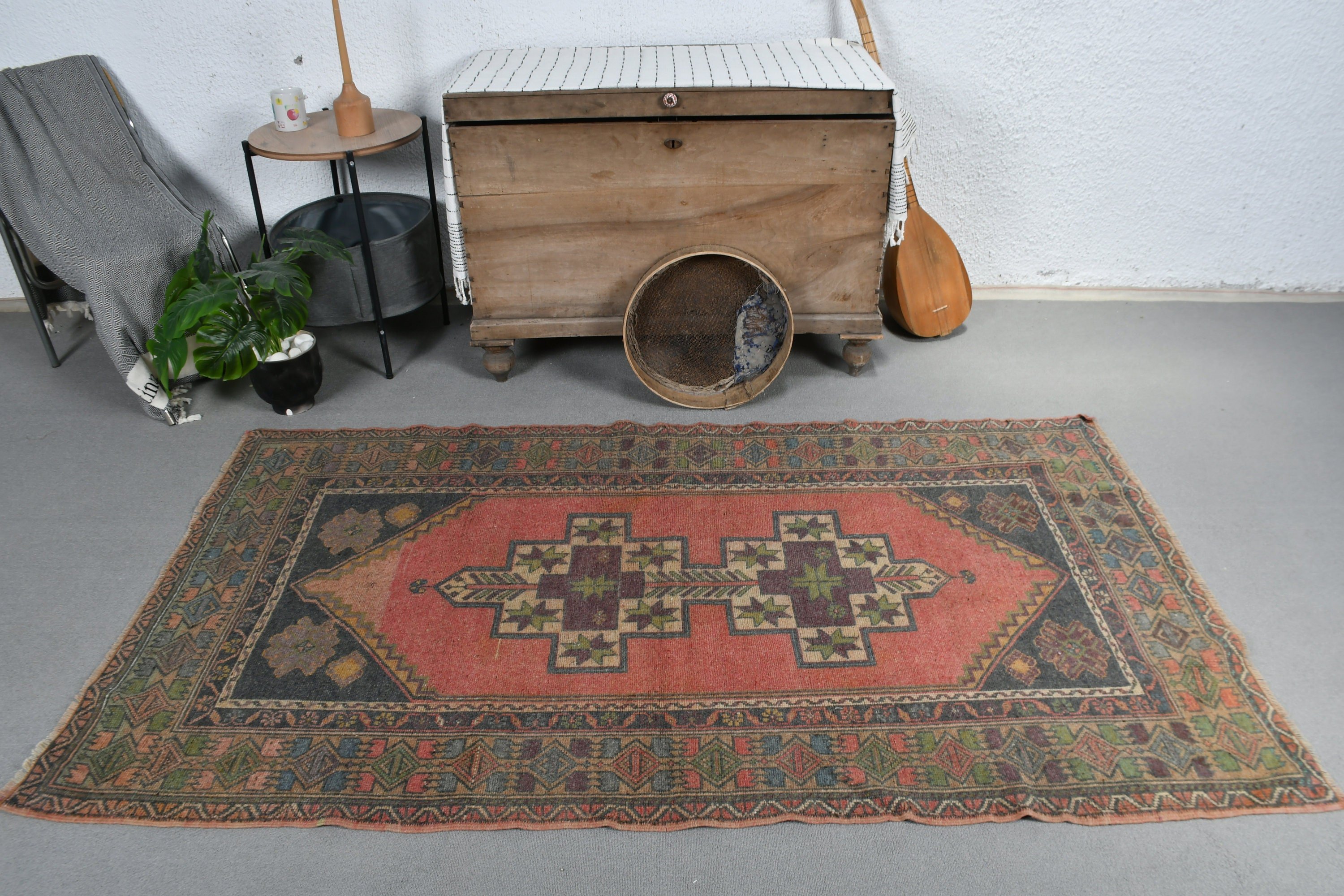 Türk Halıları, Oushak Halısı, 3,8x6,8 ft Alan Halısı, İç Mekan Halısı, Kırmızı Fas Halısı, Vintage Halı, İç Mekan Halıları, Anadolu Halıları, Doğal Halı