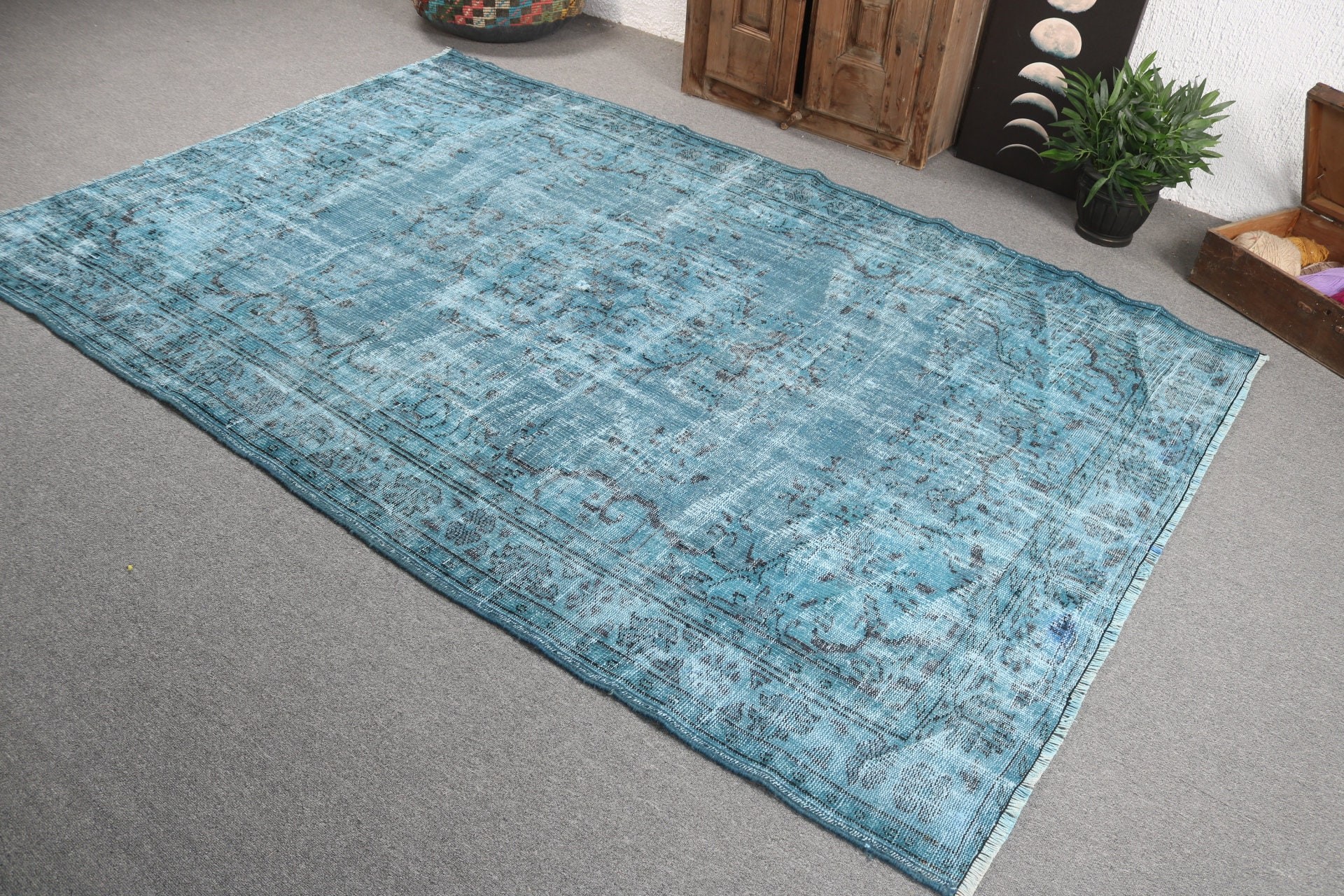 5.9x8.9 ft Large Rug, Salon Rug, Modern Rugs, Vintage Rugs, Turkish Rugs, Rugs for Salon, Large Oushak Rugs, Floor Rug, Blue Oriental Rugs