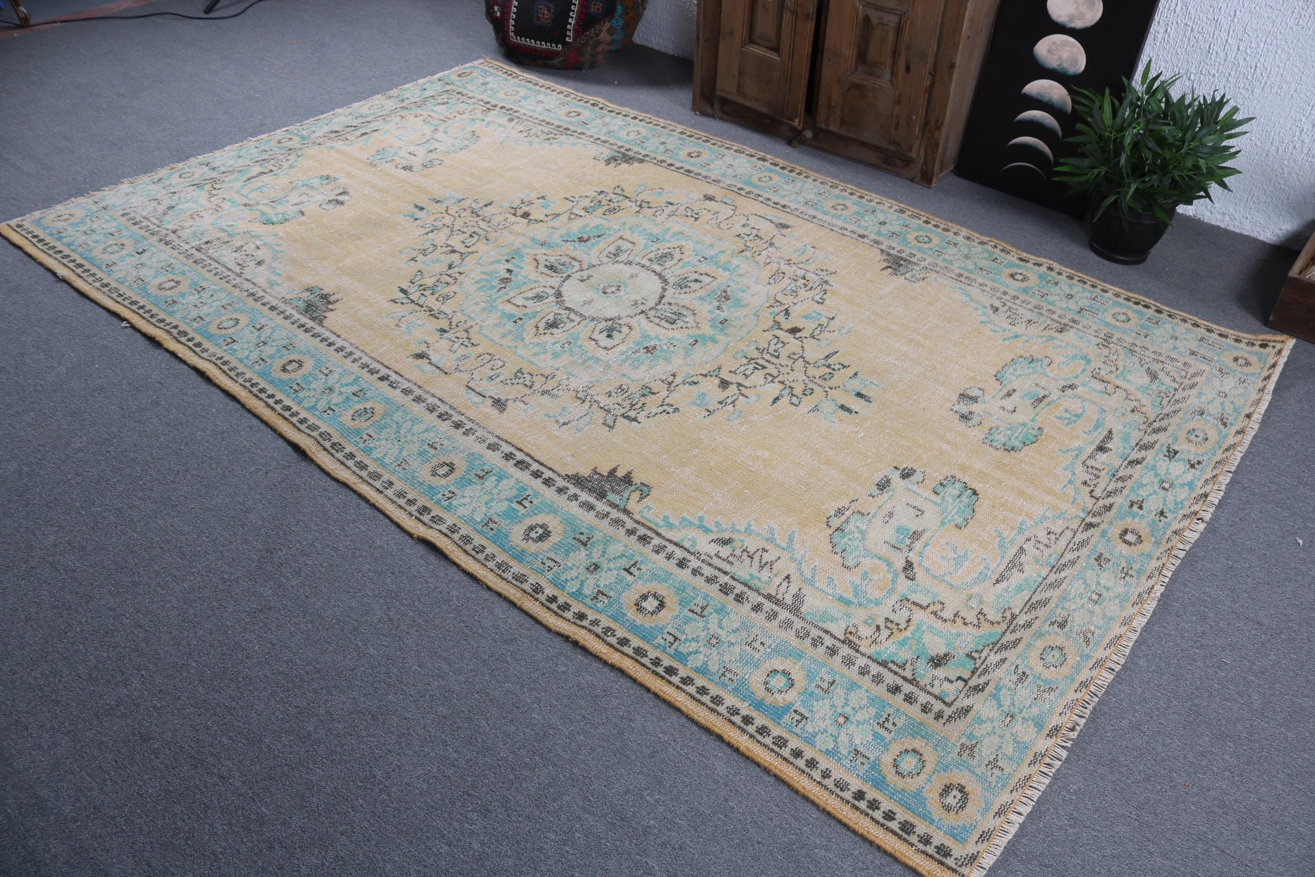 Yellow Statement Rugs, Turkish Rugs, Vintage Rugs, Salon Rug, Dining Room Rugs, Wool Rugs, Exotic Rug, Modern Rug, 5.7x9.1 ft Large Rug