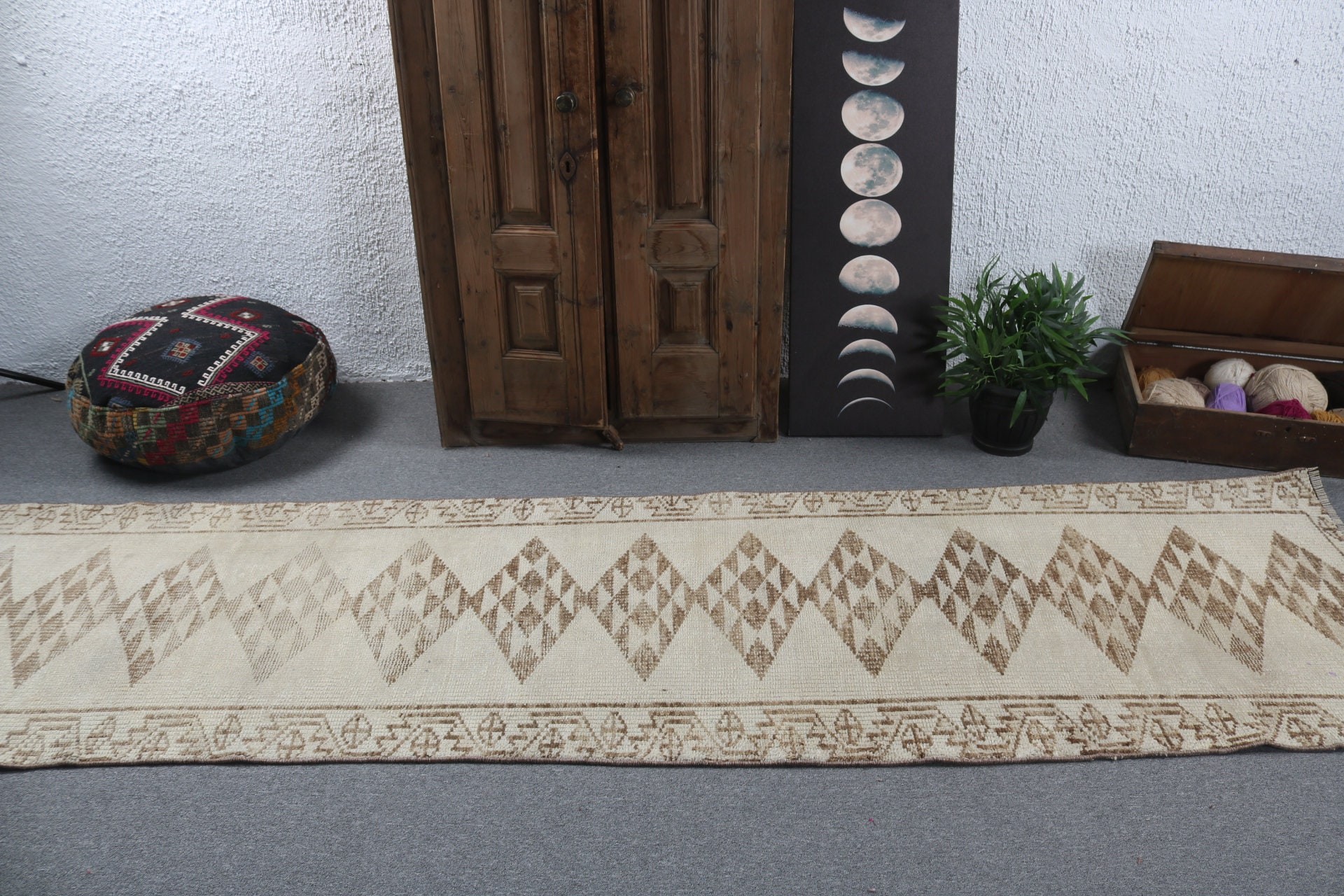 Türk Halısı, Uzun Koşucu Halıları, Bej Oushak Halısı, Vintage Runner Halısı, Vintage Halılar, 2.9x11.2 ft Runner Halısı, Antika Halılar, Harika Halılar