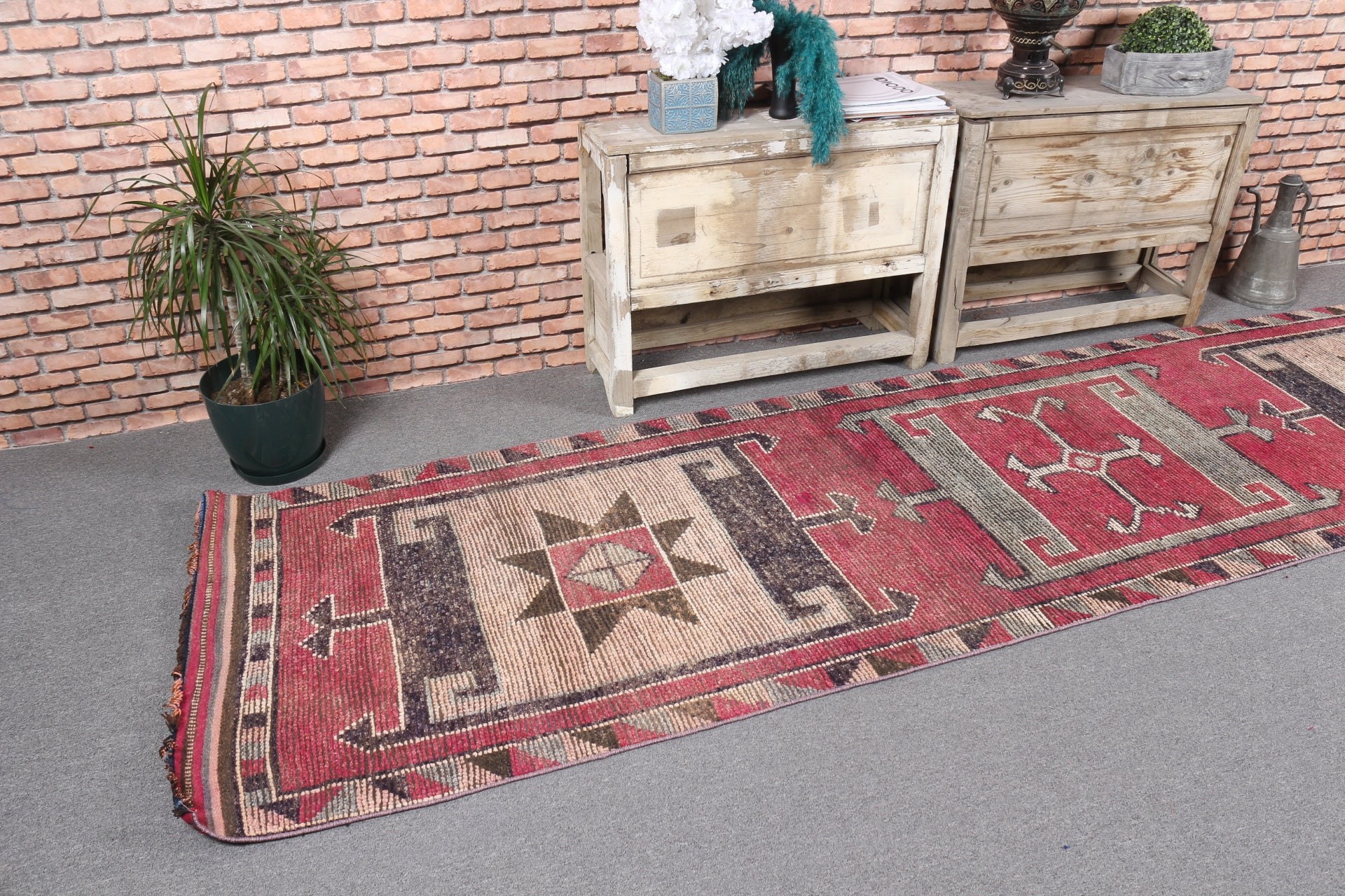 Yün Halı, Türk Halıları, Koridor Halıları, Antika Halı, 2,9x11,4 ft Runner Halısı, Koridor Halısı, Vintage Halılar, Koridor Halıları, Pembe Mutfak Halısı