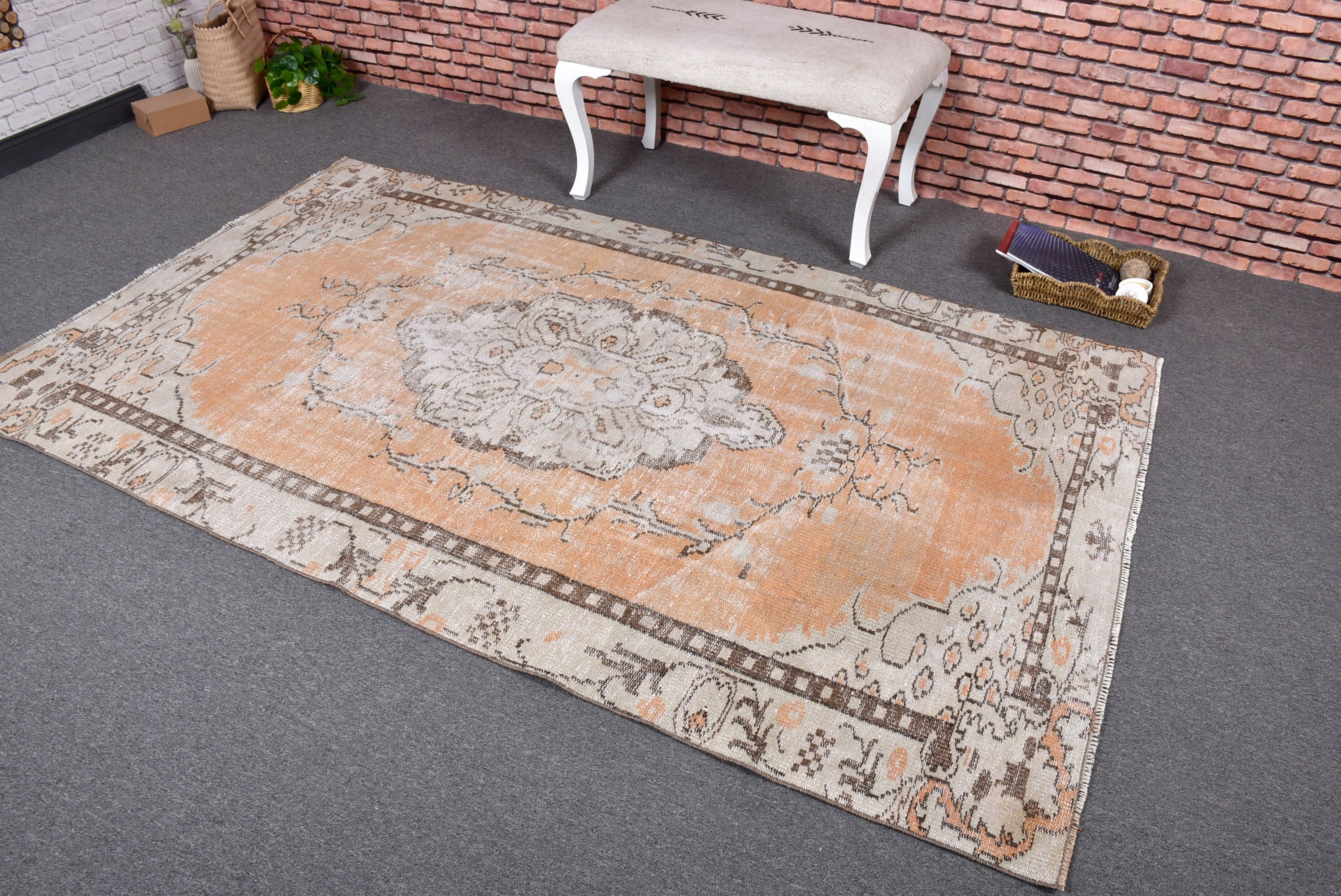 Etnik Halı, Vintage Halı, Çocuk Halıları, Boho Halısı, Boho Bölgesi Halıları, Turuncu Geometrik Halılar, 4.7x7.7 ft Alan Halısı, Türk Halıları, Yatak Odası Halısı