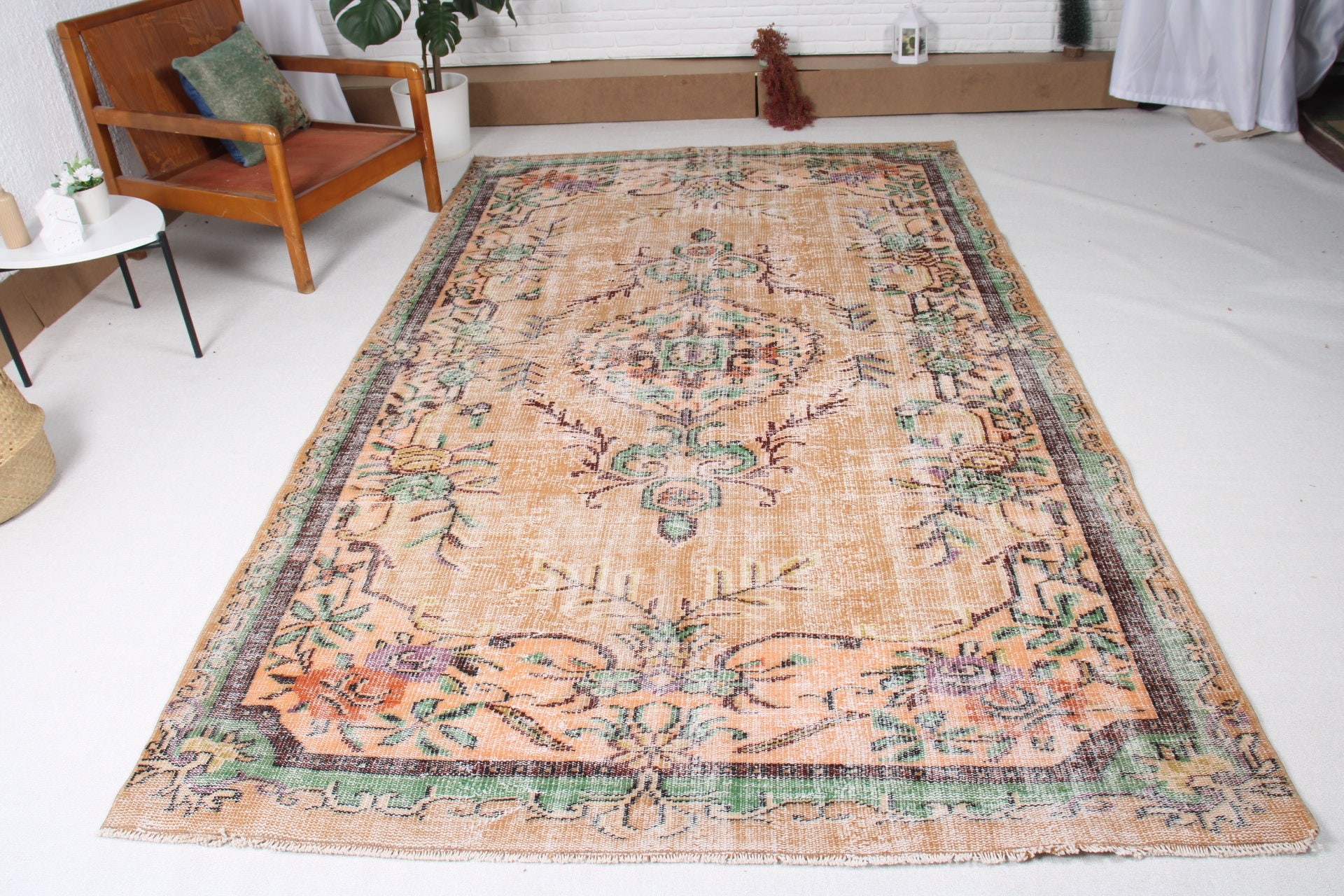 Turuncu Mutfak Halısı, Ev Dekorasyonu Halıları, Antika Halı, Büyük Oushak Halısı, 5.8x9.5 ft Büyük Halılar, Türk Halıları, Yemek Odası Halıları, Vintage Halılar