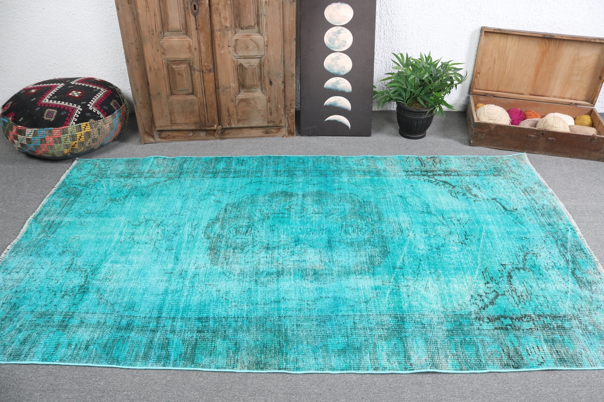 4.3x7.9 ft Area Rug, Turkish Rugs, Indoor Rugs, Handwoven Rug, Kitchen Rug, Statement Rugs, Office Rug, Green Geometric Rugs, Vintage Rugs