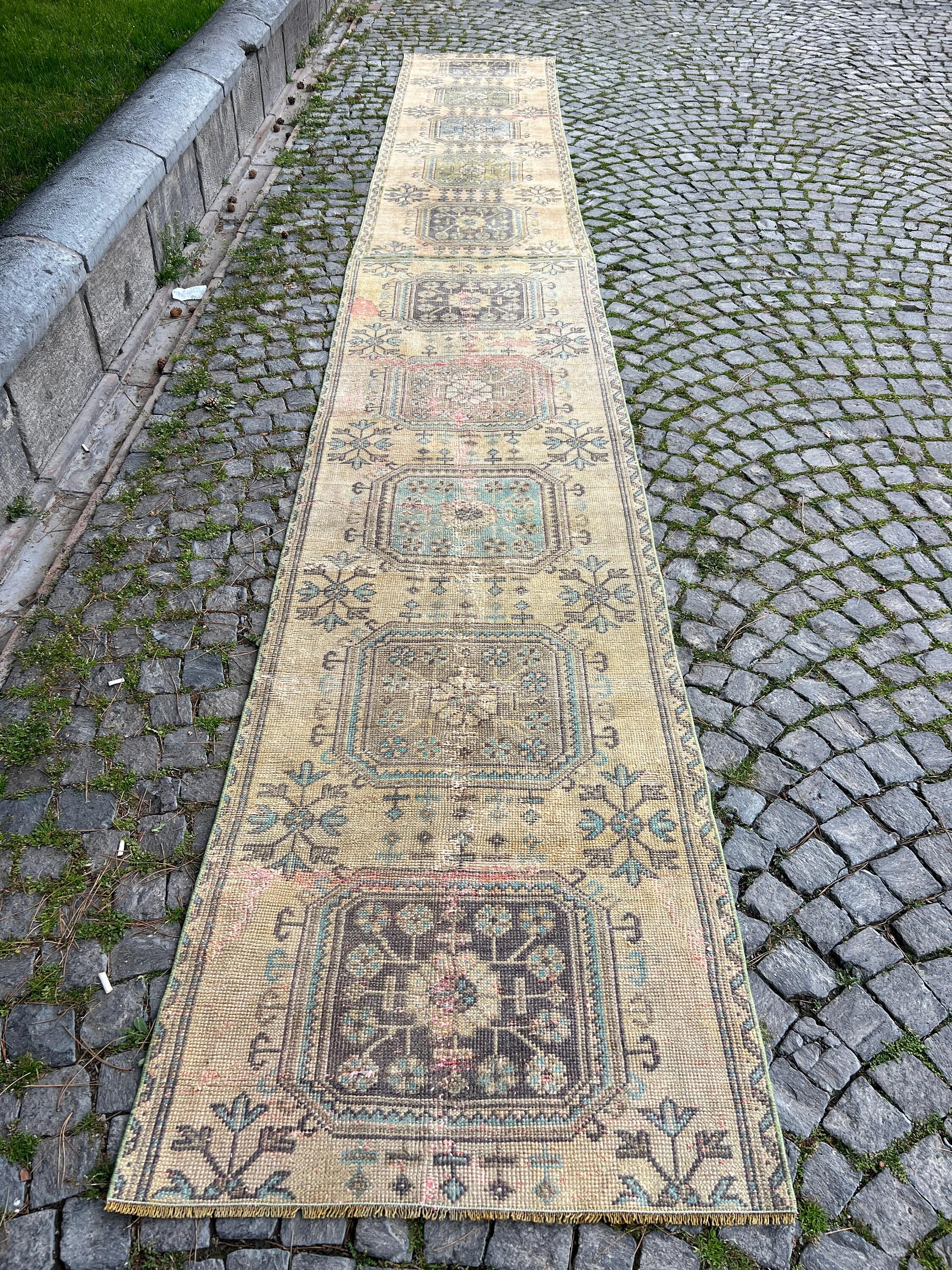 Hallway Rug, Beige Antique Rugs, Stair Rug, Turkish Rug, Kitchen Rug, 3x19.2 ft Runner Rugs, Rugs for Corridor, Vintage Rug