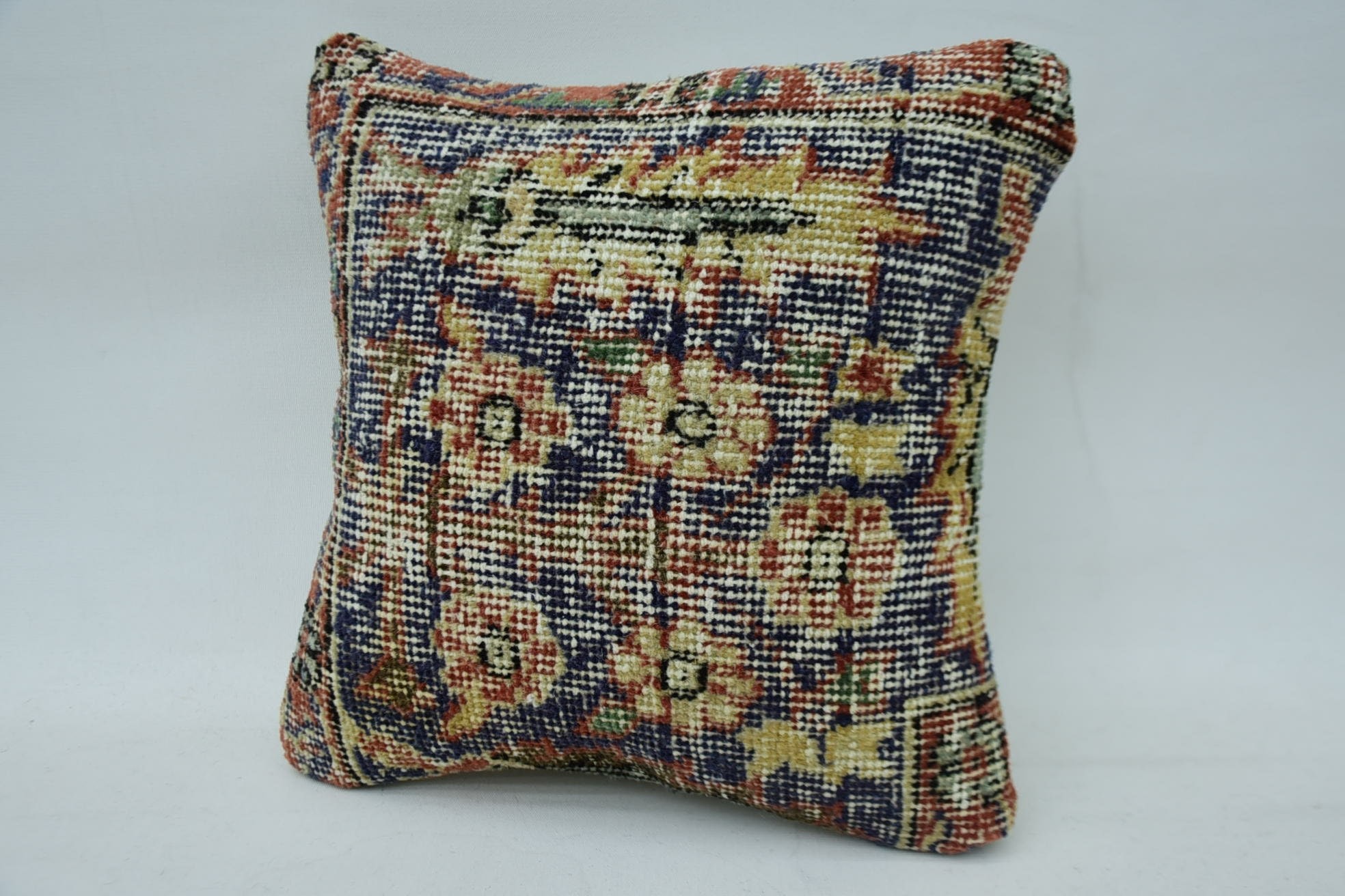 Kilim Pillow, 12"x12" Blue Pillow Cover, Anatolian Cushion Cover, Vintage Pillow, Bolster Throw Pillow, Boho Pillow Sham Cover