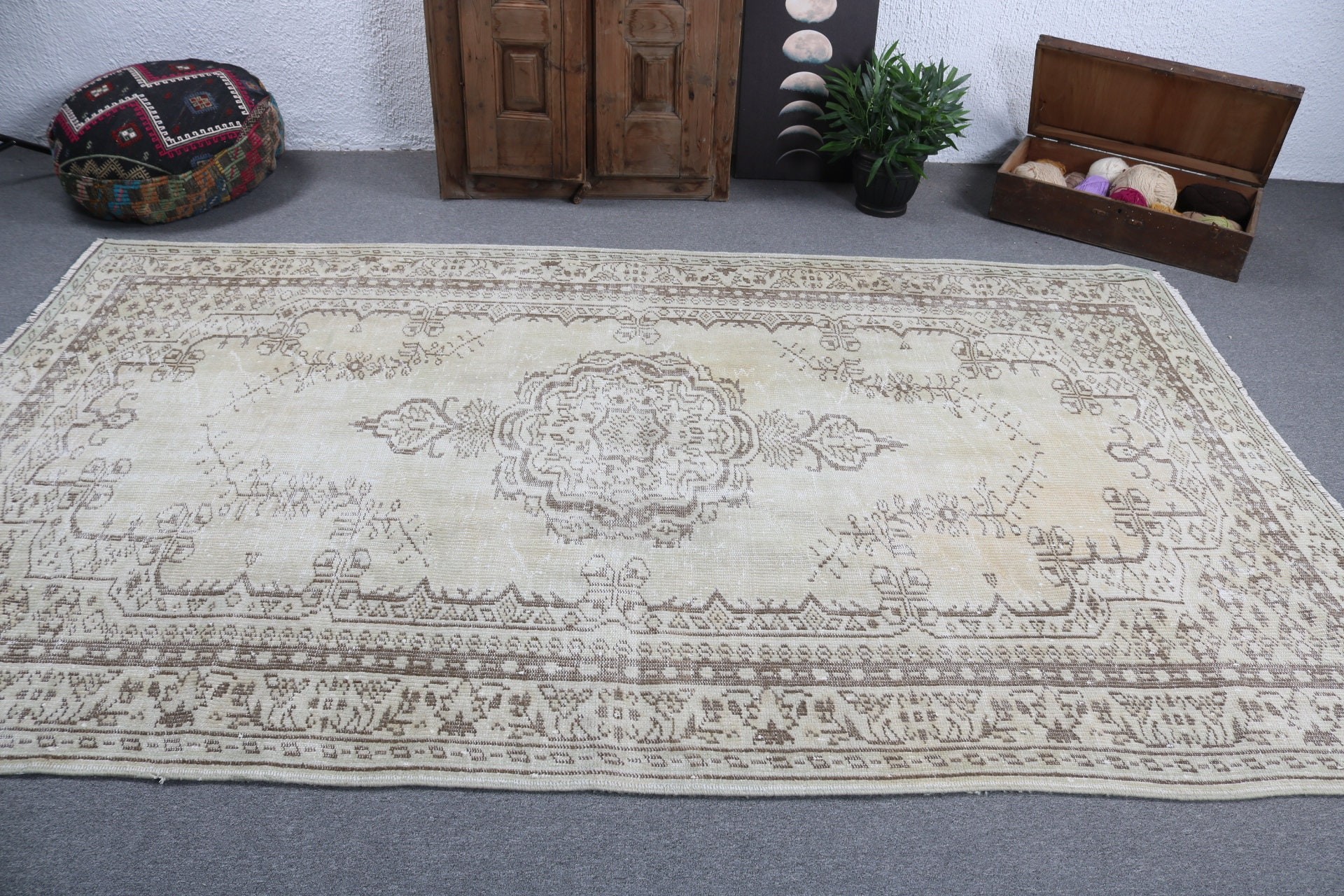 Bej Anadolu Halısı, Nötr Halı, Türk Halıları, 5.8x9.6 ft Büyük Halı, Yemek Odası Halıları, Yatak Odası Halısı, Vintage Halılar, Yer Halısı