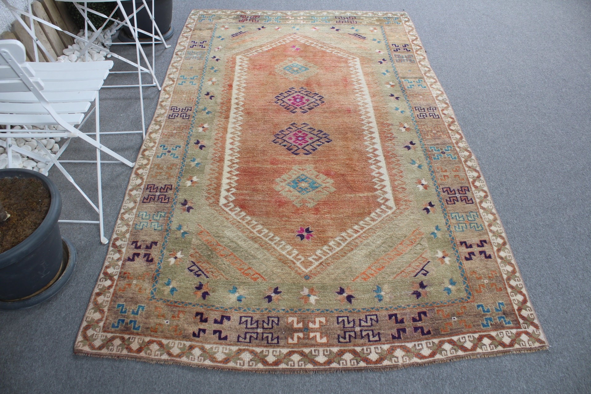 Oushak Halı, Çocuk Halısı, Doğal Halılar, Turuncu 4,7x7,9 ft Alan Halısı, Yemek Odası Halıları, Türk Halısı, Vintage Halı