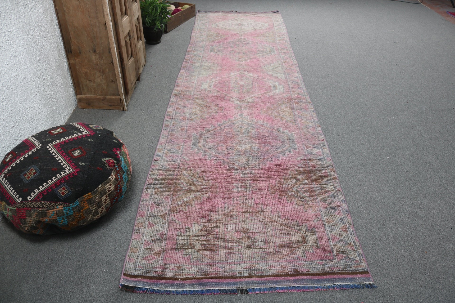 Pink Statement Rug, Flatweave Rugs, Home Decor Rugs, Beni Ourain Runner Rug, Kitchen Rug, Turkish Rugs, 3.4x13 ft Runner Rug, Vintage Rugs