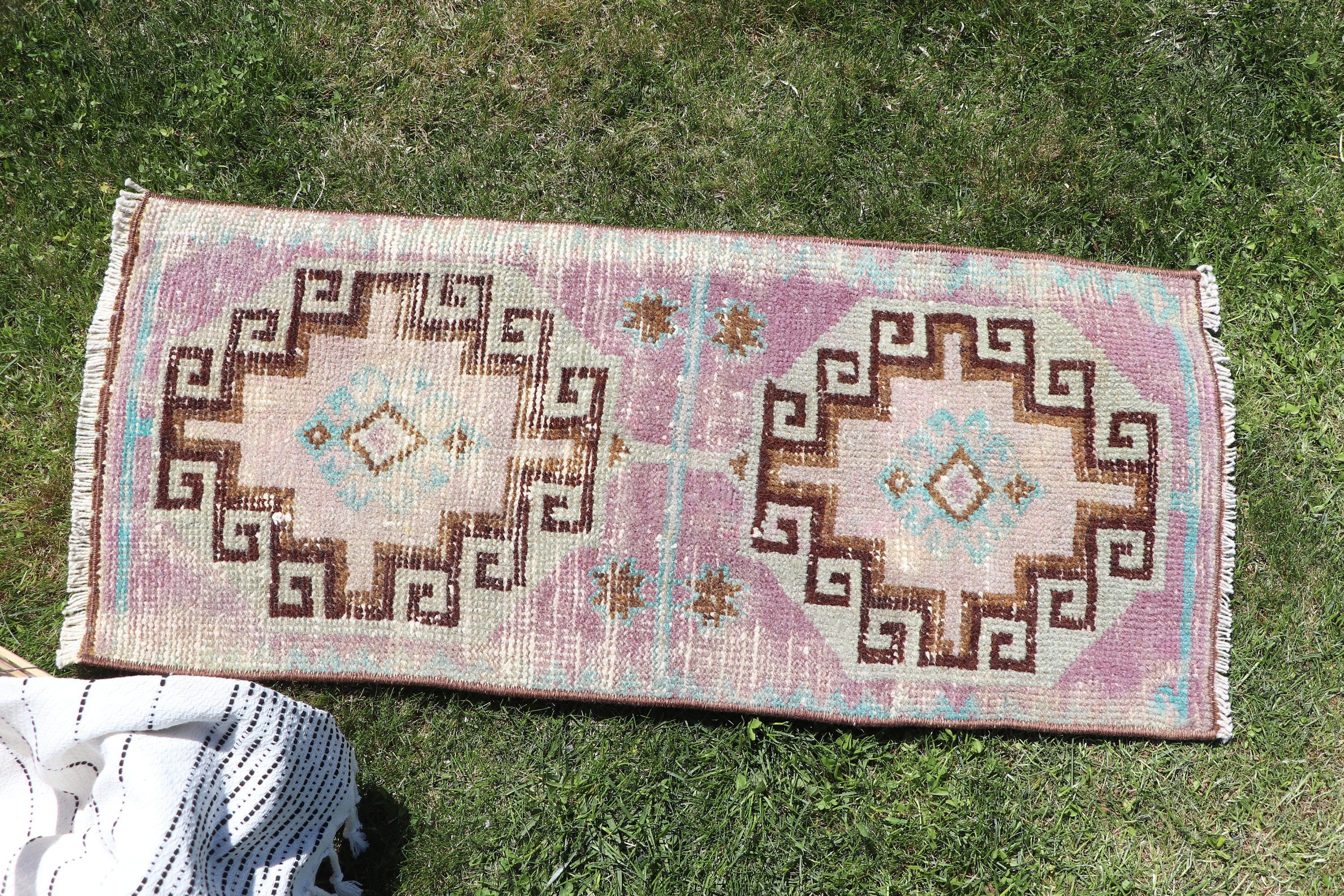 Yün Halı, 1.2x2.8 ft Küçük Halılar, Mor Fas Halıları, Nötr Halı, Duvara Asılı Halı, Banyo Halısı, Türk Halısı, Vintage Halılar, El Yapımı Halı