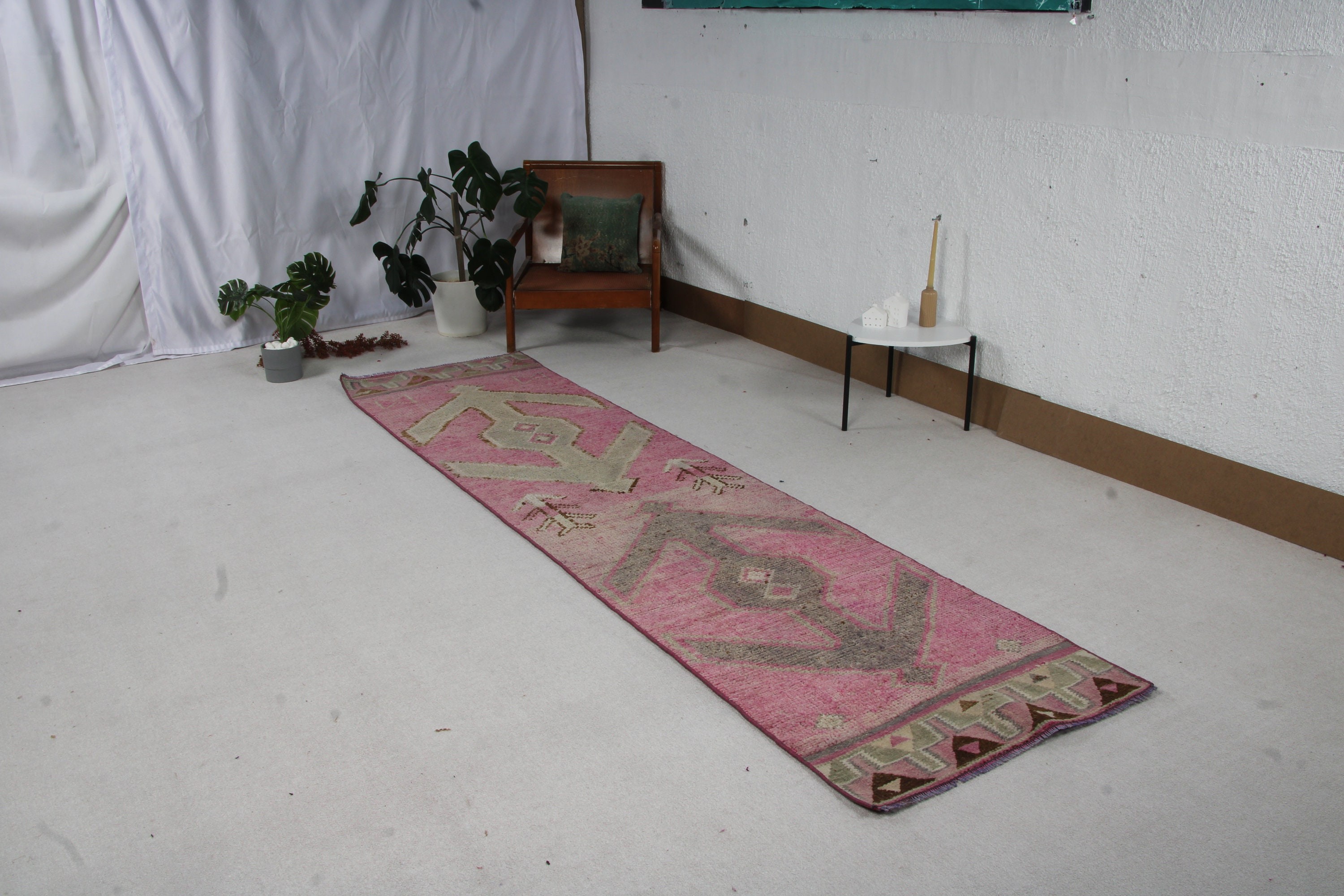 Pembe 2.8x10.8 ft Runner Halı, Vintage Halılar, Anadolu Halıları, Vintage Runner Halısı, Oushak Halıları, Türk Halıları, Koridor Halıları