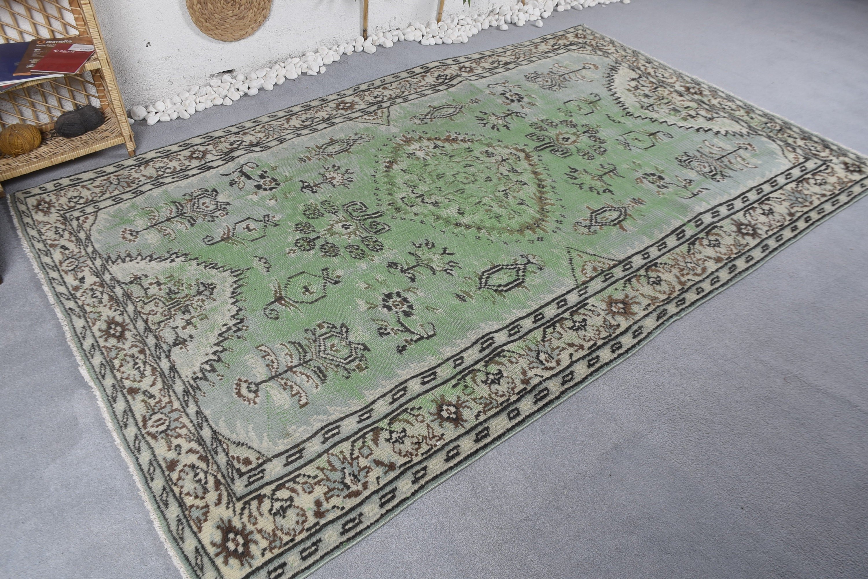 Turkish Rugs, Living Room Rug, Antique Rug, Vintage Rugs, Green Wool Rug, Moroccan Rugs, Bedroom Rug, Organic Rug, 5.9x9.1 ft Large Rug