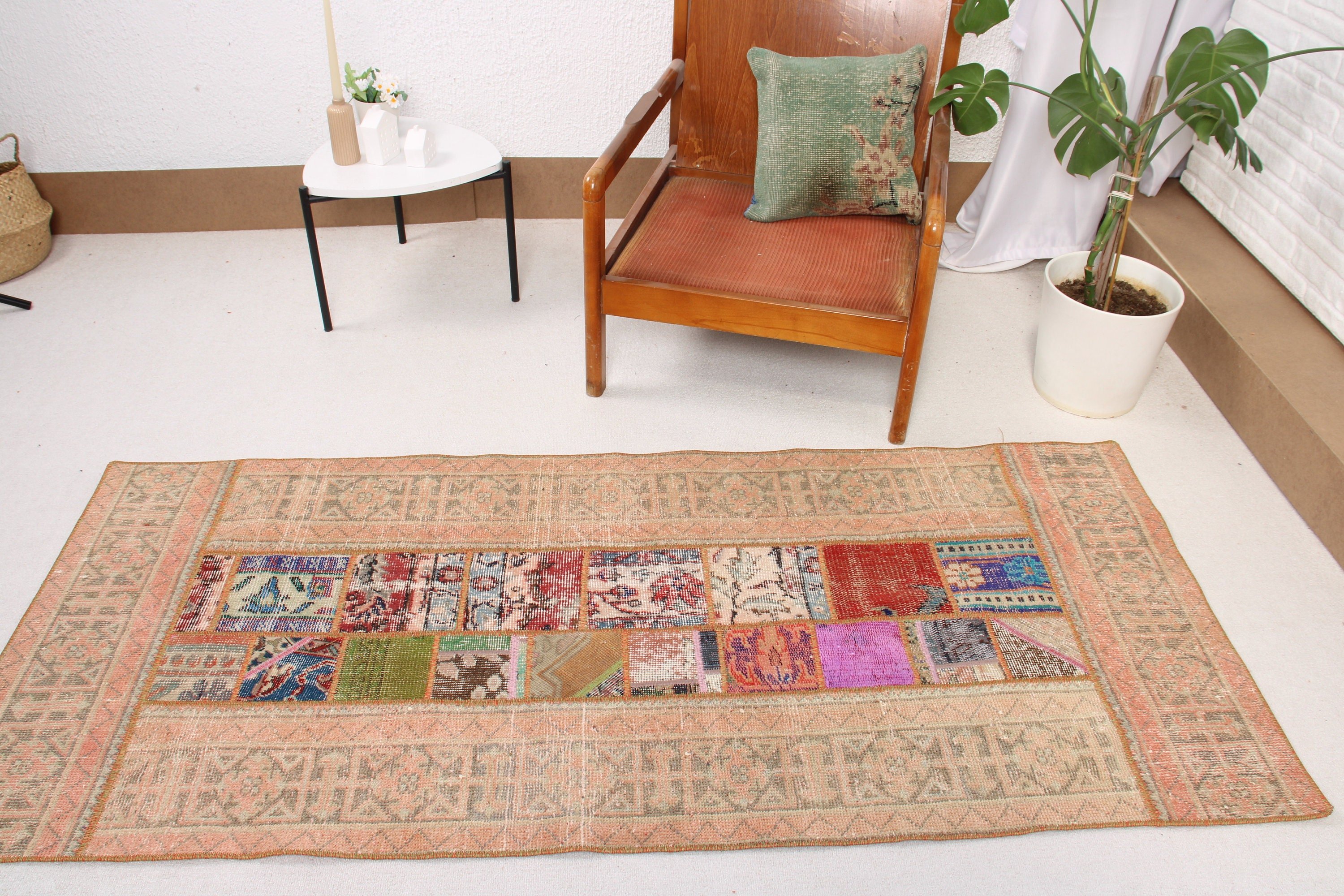 Türk Halıları, Lüks Halılar, Yün Halı, Düz Dokuma Halı, Vintage Halılar, Vintage Vurgulu Halı, 2,9x6,6 ft Accent Halı, Yatak Odası Halıları, Pembe Yün Halılar