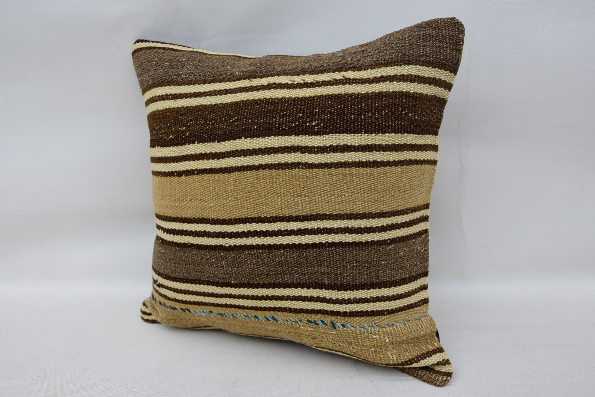 Natural Cushion Case, Crochet Pattern Pillow, Throw Kilim Pillow, Kilim Pillow, 14"x14" Brown Pillow Sham, Vintage Pillow
