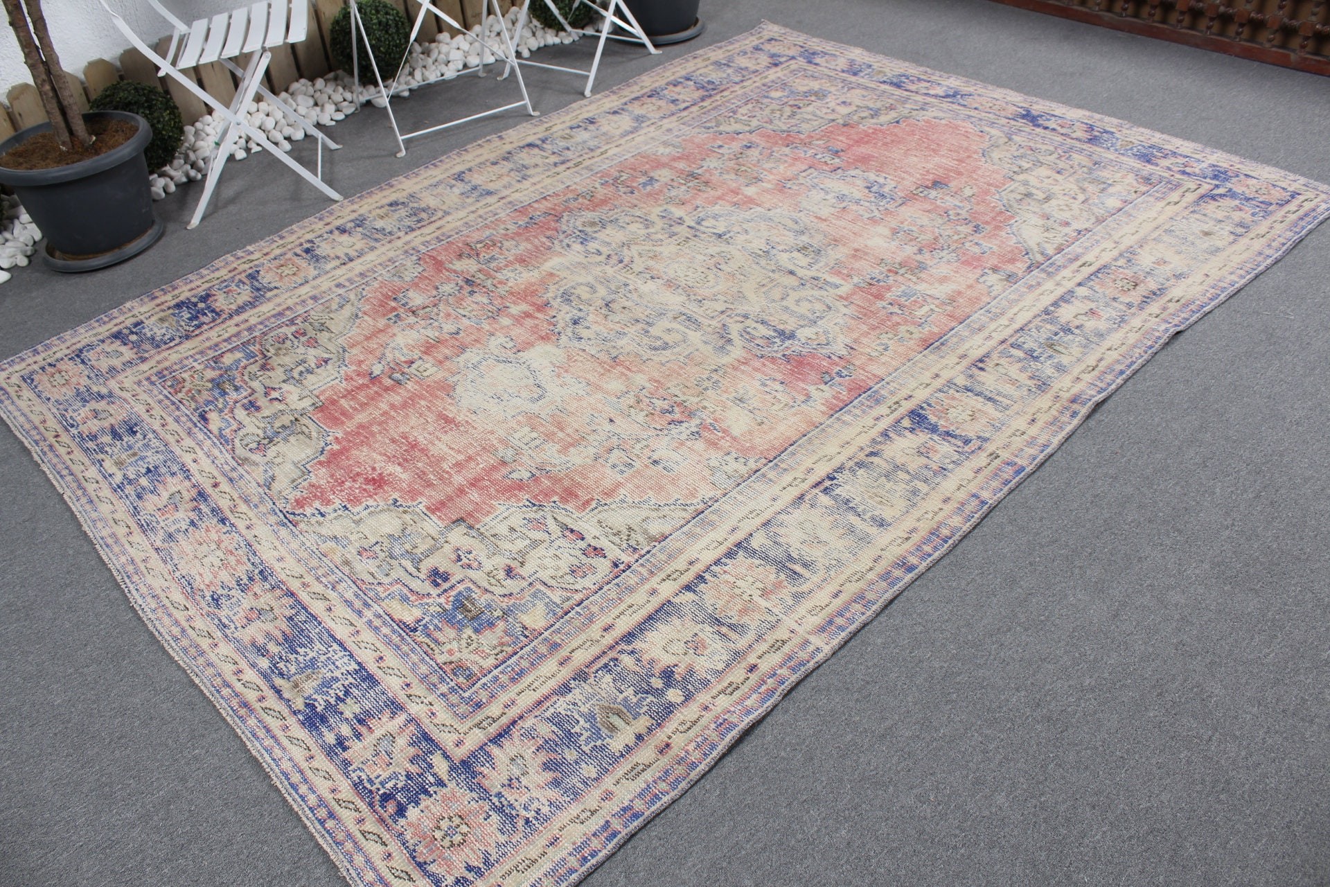 Geometrik Halı, Vintage Halı, Büyük Vintage Halılar, Büyük Oushak Halıları, Kırmızı Antika Halılar, 6.4x9.2 ft Büyük Halı, Modern Halı, Türk Halısı