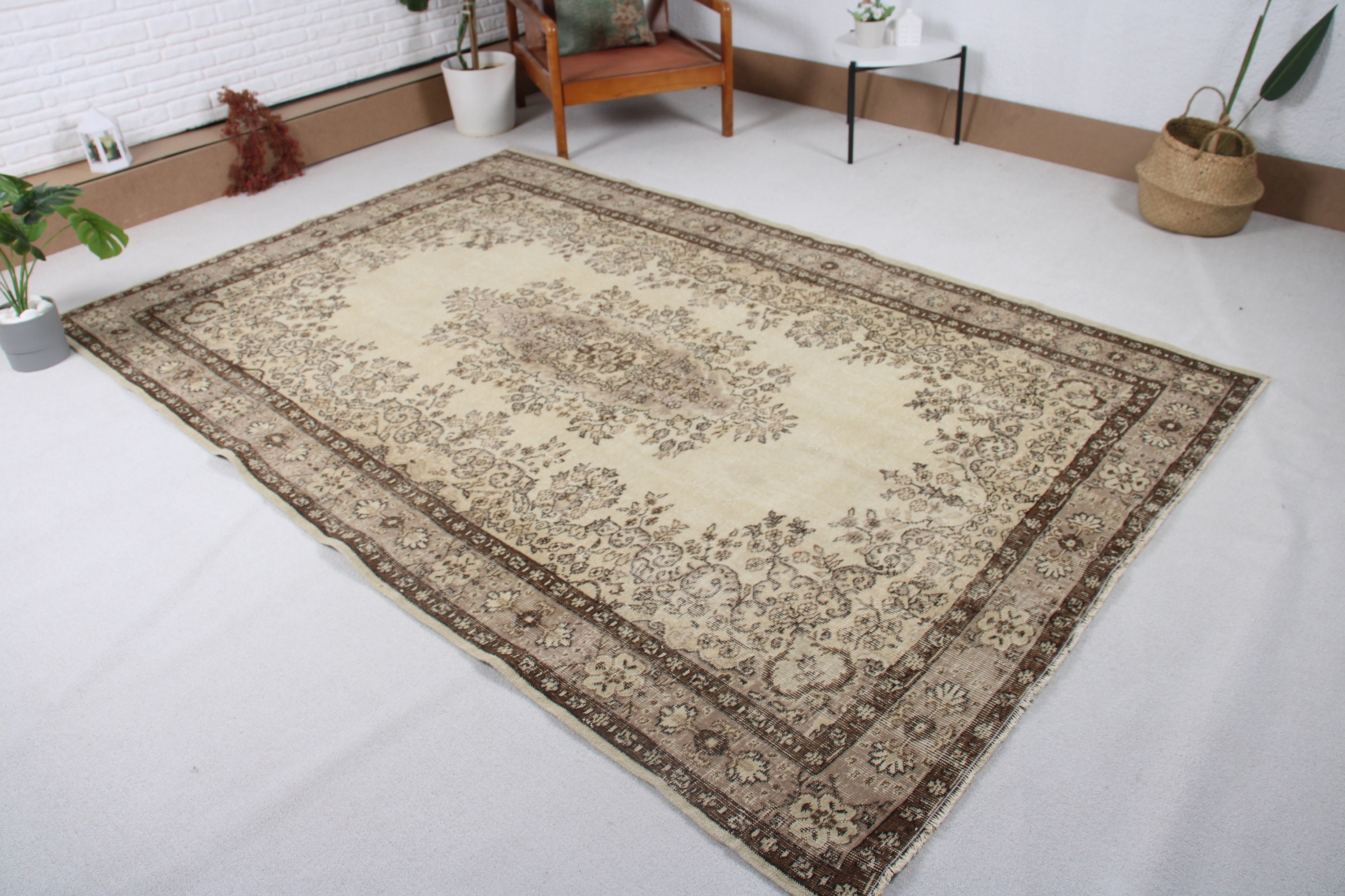 Aztek Halıları, Yemek Odası Halıları, Oturma Odası Halıları, Türk Halıları, Bej Yün Halı, Yün Halılar, 5,8x8,9 ft Büyük Halı, Nötr Halılar, Vintage Halılar