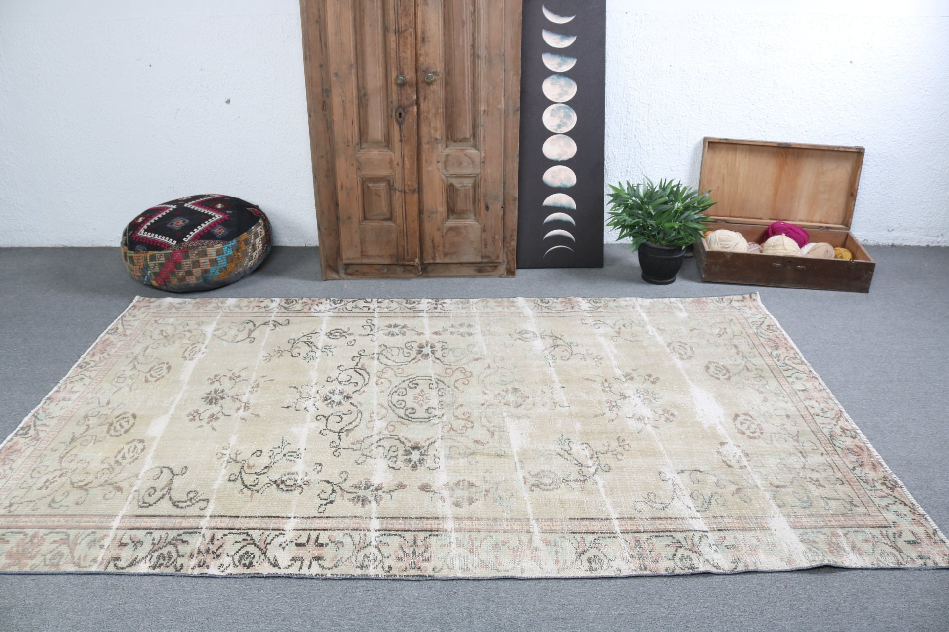 Fas Halısı, Türk Halıları, 5.3x8.7 ft Büyük Halılar, Büyük Vintage Halılar, Vintage Halı, Yeşil Açıklama Halısı, Yemek Odası Halısı