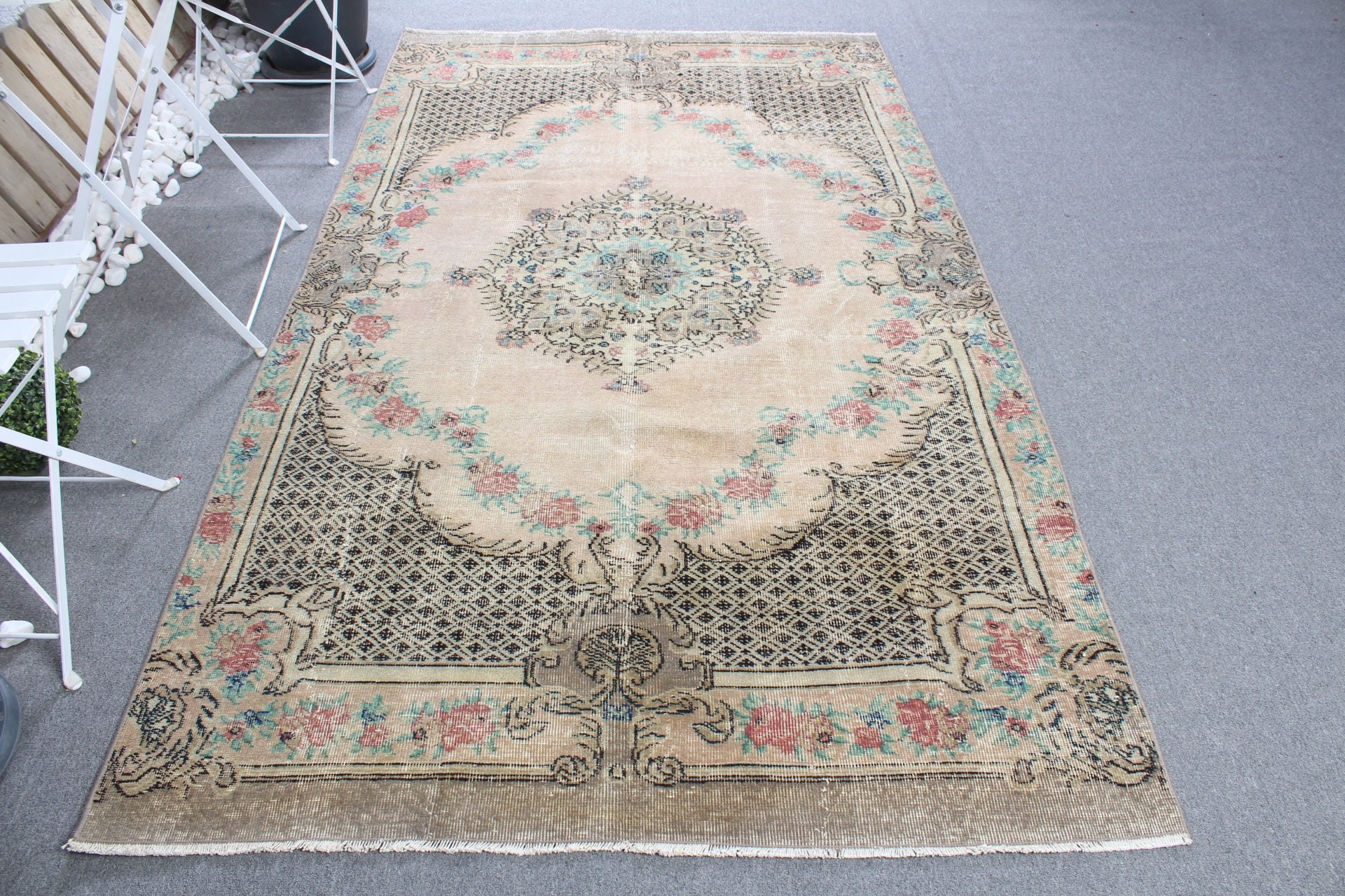 Yün Halı, Bej Ev Dekor Halısı, Yurt Halısı, Vintage Halılar, Türk Halısı, Salon Halıları, Yemek Odası Halısı, 4.8x8.6 ft Büyük Halı