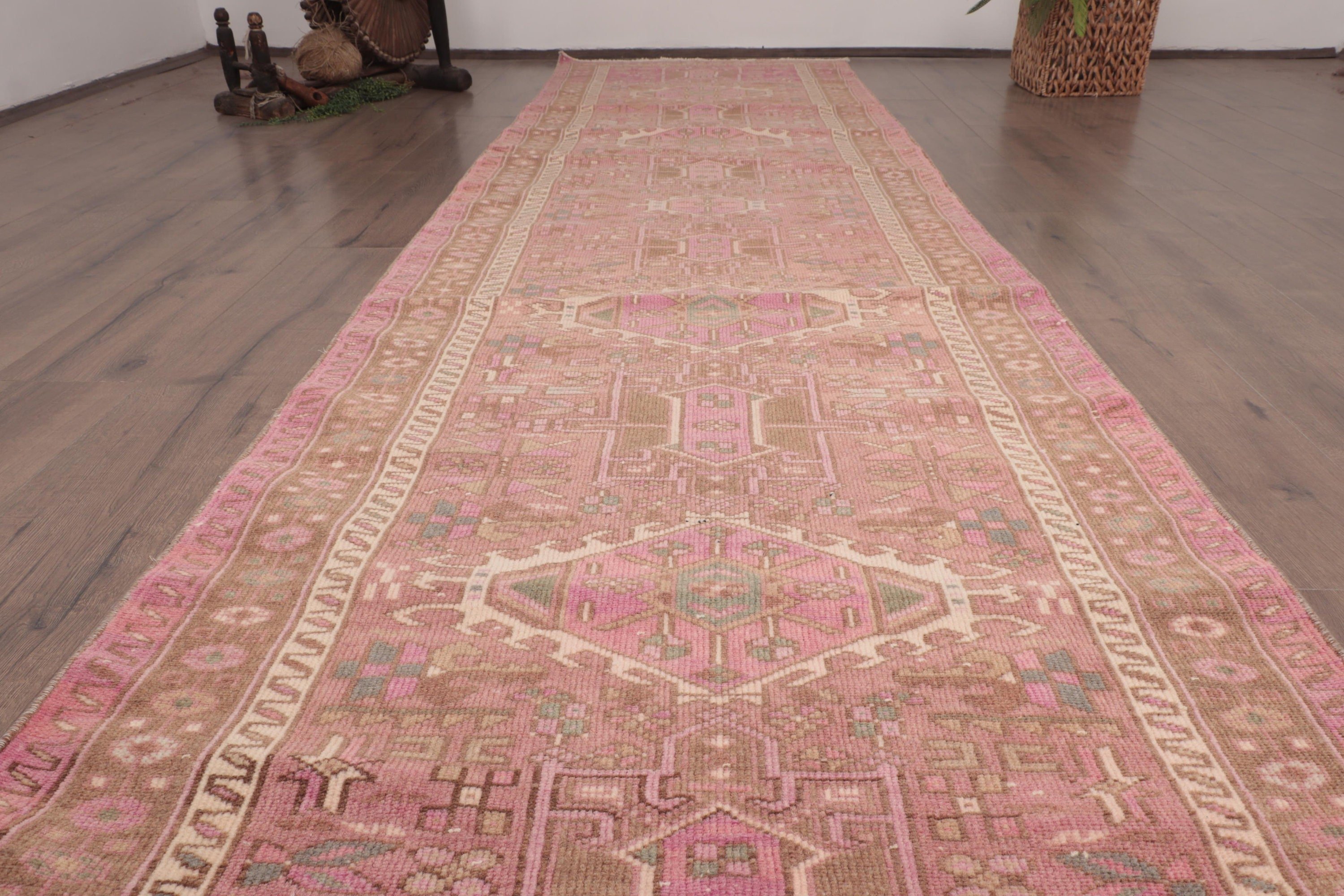 Turkish Rugs, Vintage Rug, Kitchen Rugs, Luxury Rugs, Rugs for Corridor, Aztec Rug, Pink Wool Rugs, Hallway Rug, 3.2x12.5 ft Runner Rug